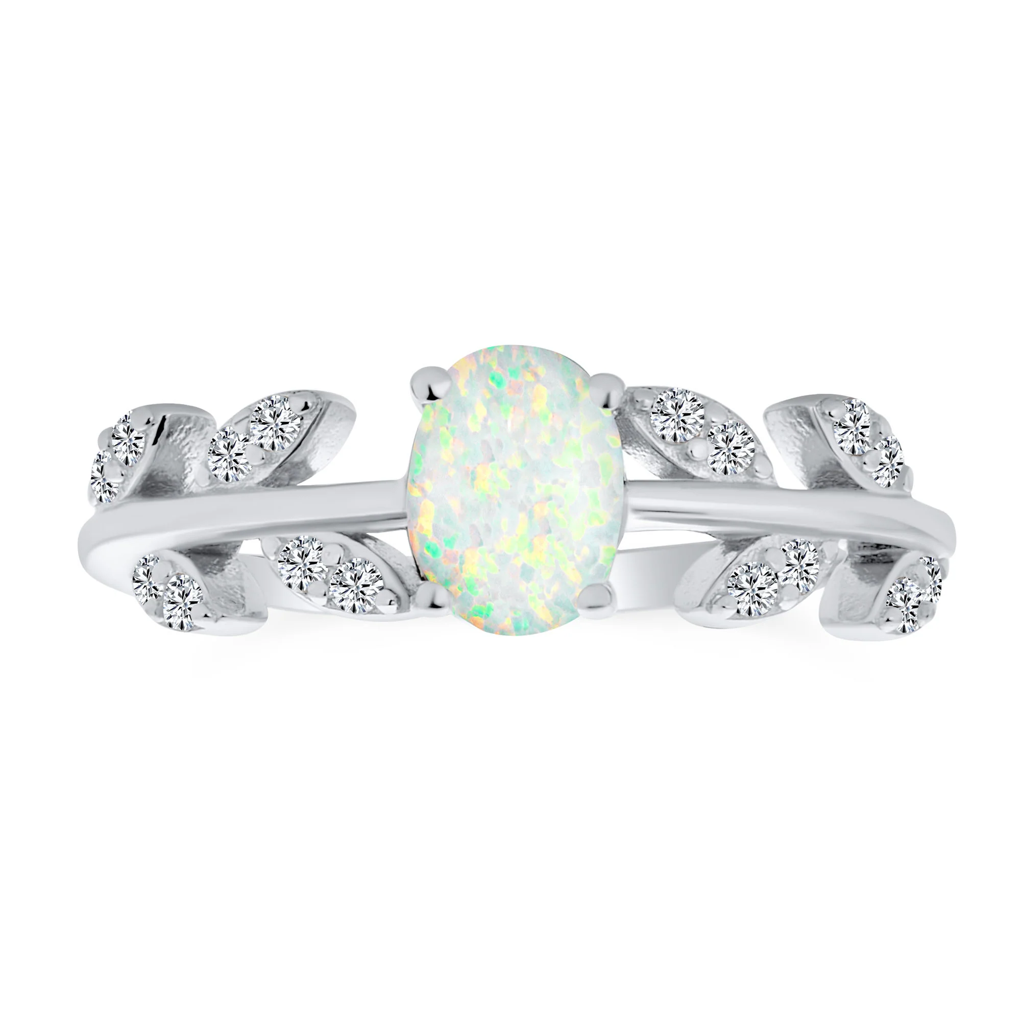 Oval White Created Opal CZ Accent Cubic Zirconia Open Leaf Ring Sterling Silver