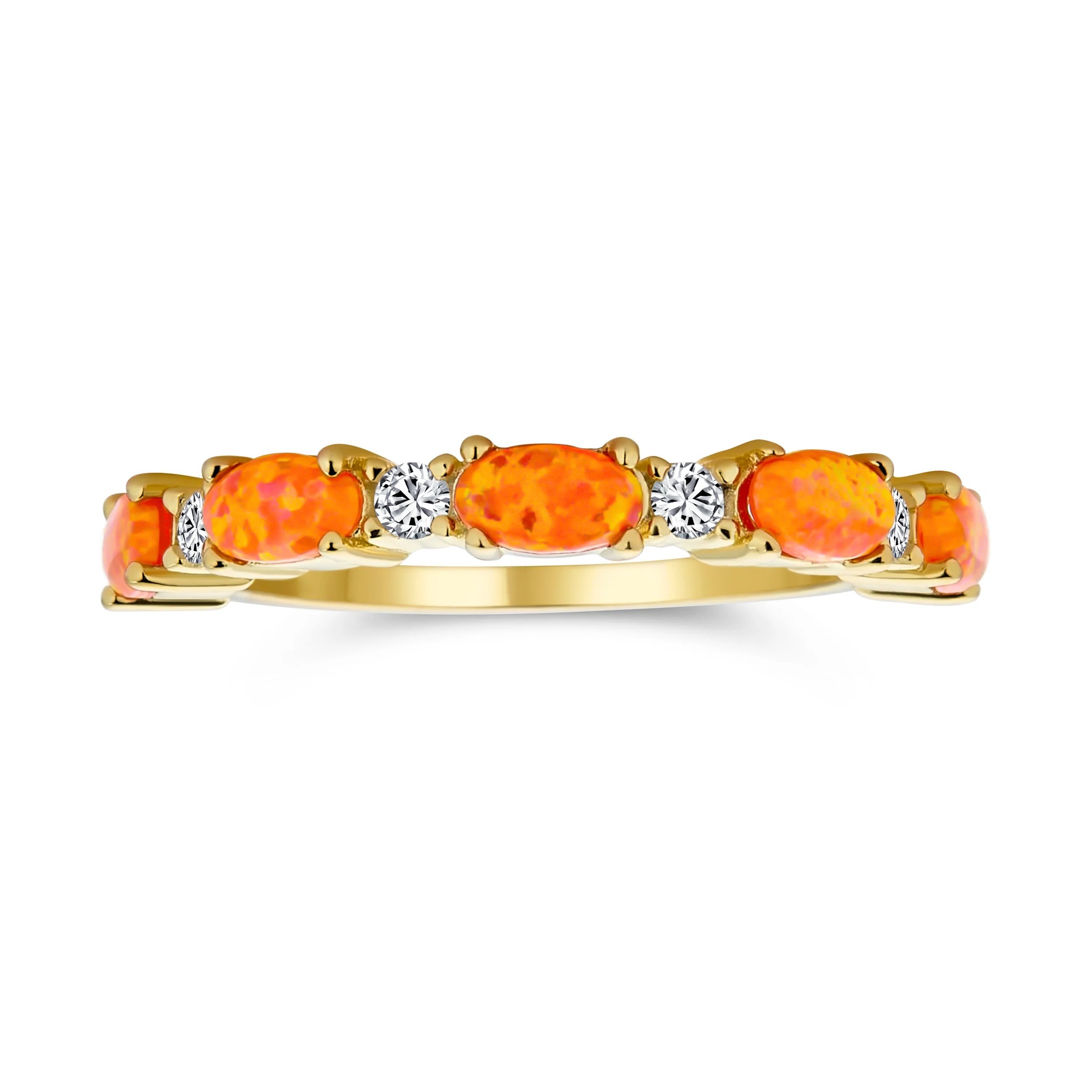 Thin CZ Accent Stackable Oval White Created Opal Band Ring .925 Sterling Silver - Image 2