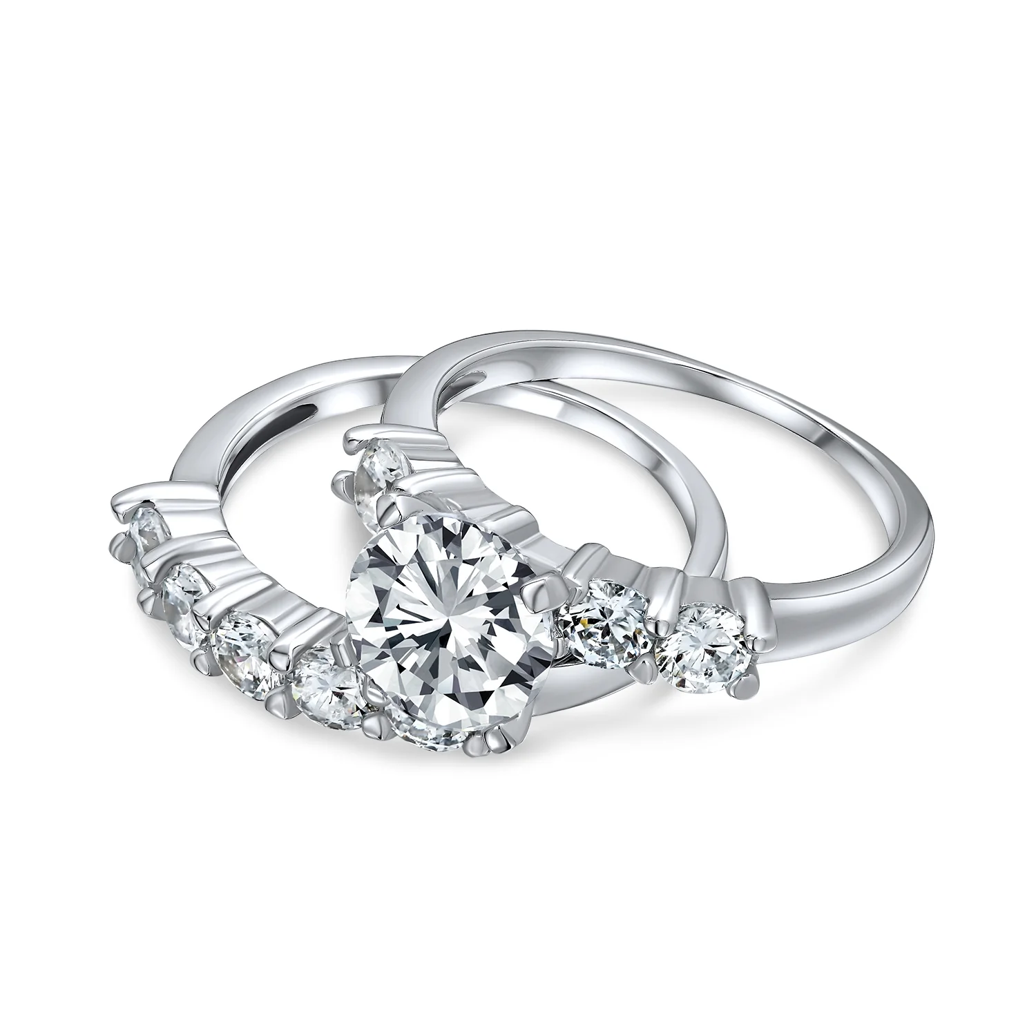 Solitaire CZ Engagement Ring Set 3.5CTW Round Side Stones Anniversary Band .925 Sterling Silver - Image 2