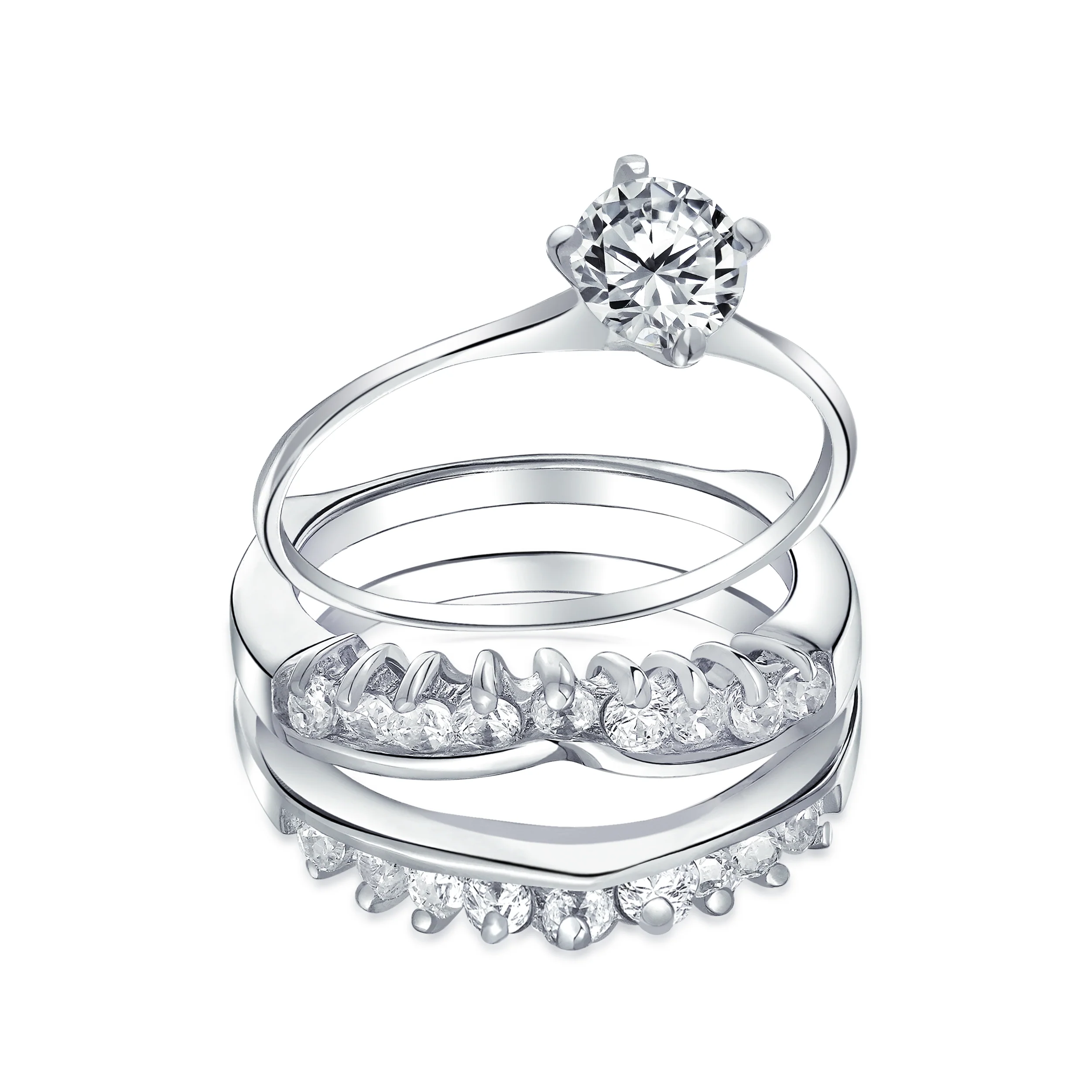 Solitaire Round Cubic Zirconia Engagement Ring Band Set CZ Guard Enhancers.925 Sterling Silver - Image 2