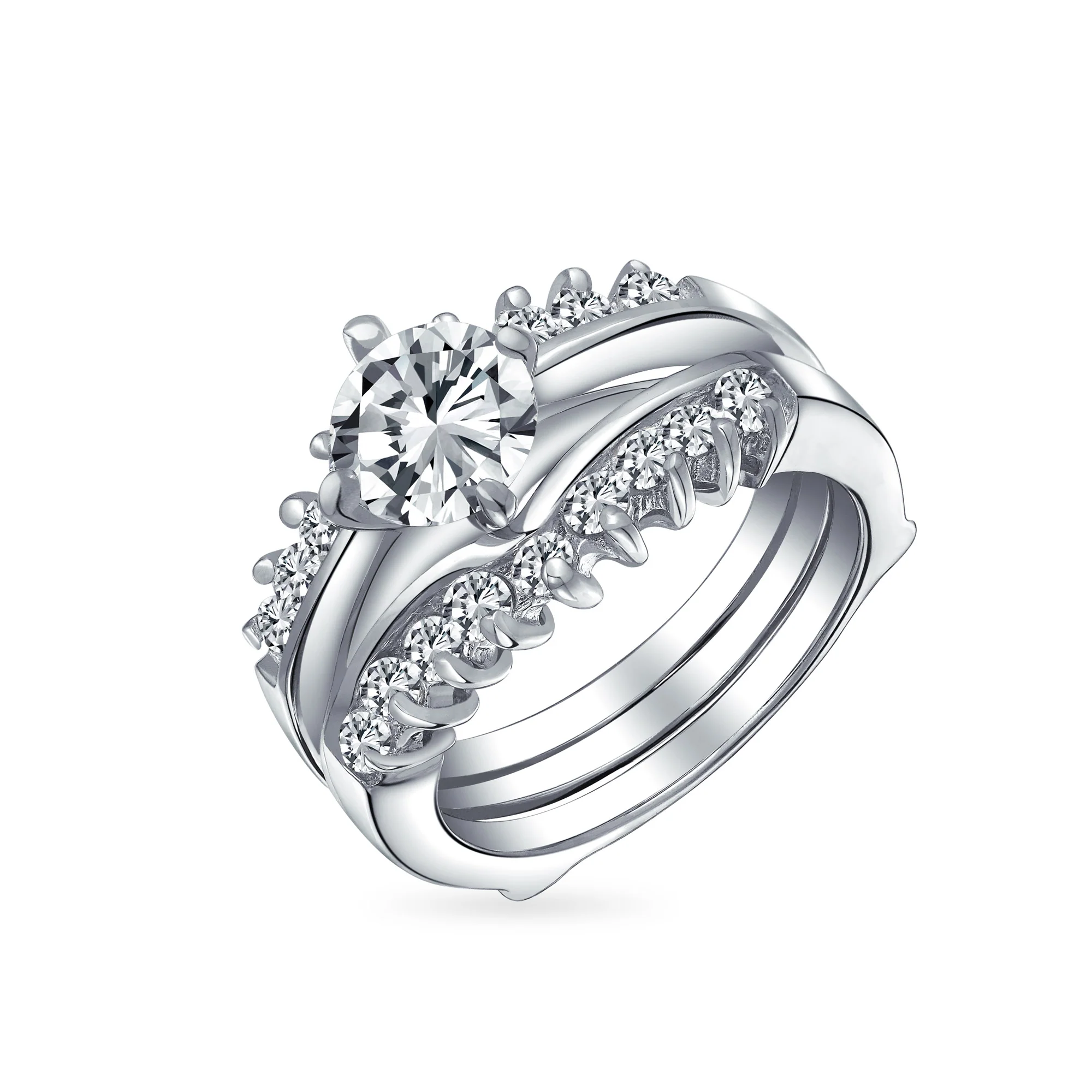 Solitaire Round Cubic Zirconia Engagement Ring Band Set CZ Guard Enhancers.925 Sterling Silver - Image 3