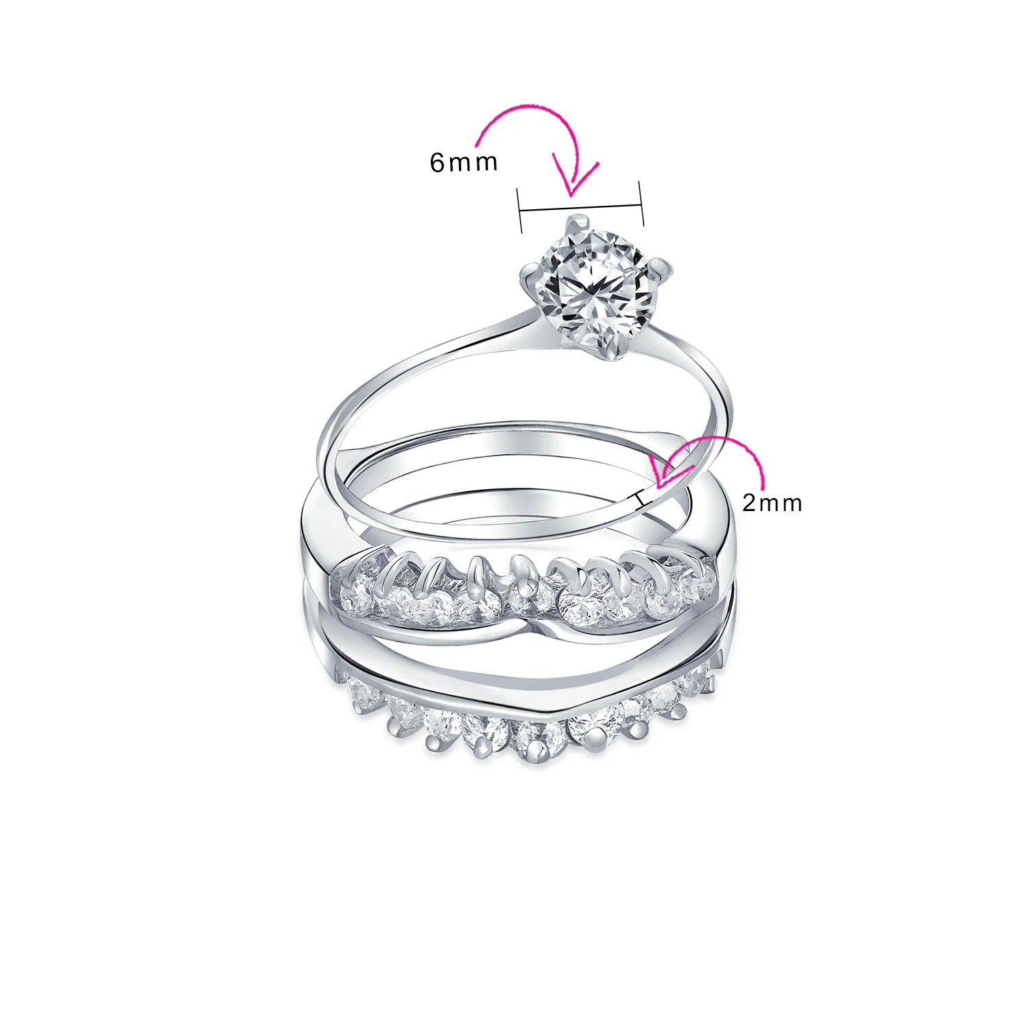 Solitaire Round Cubic Zirconia Engagement Ring Band Set CZ Guard Enhancers.925 Sterling Silver - Image 4
