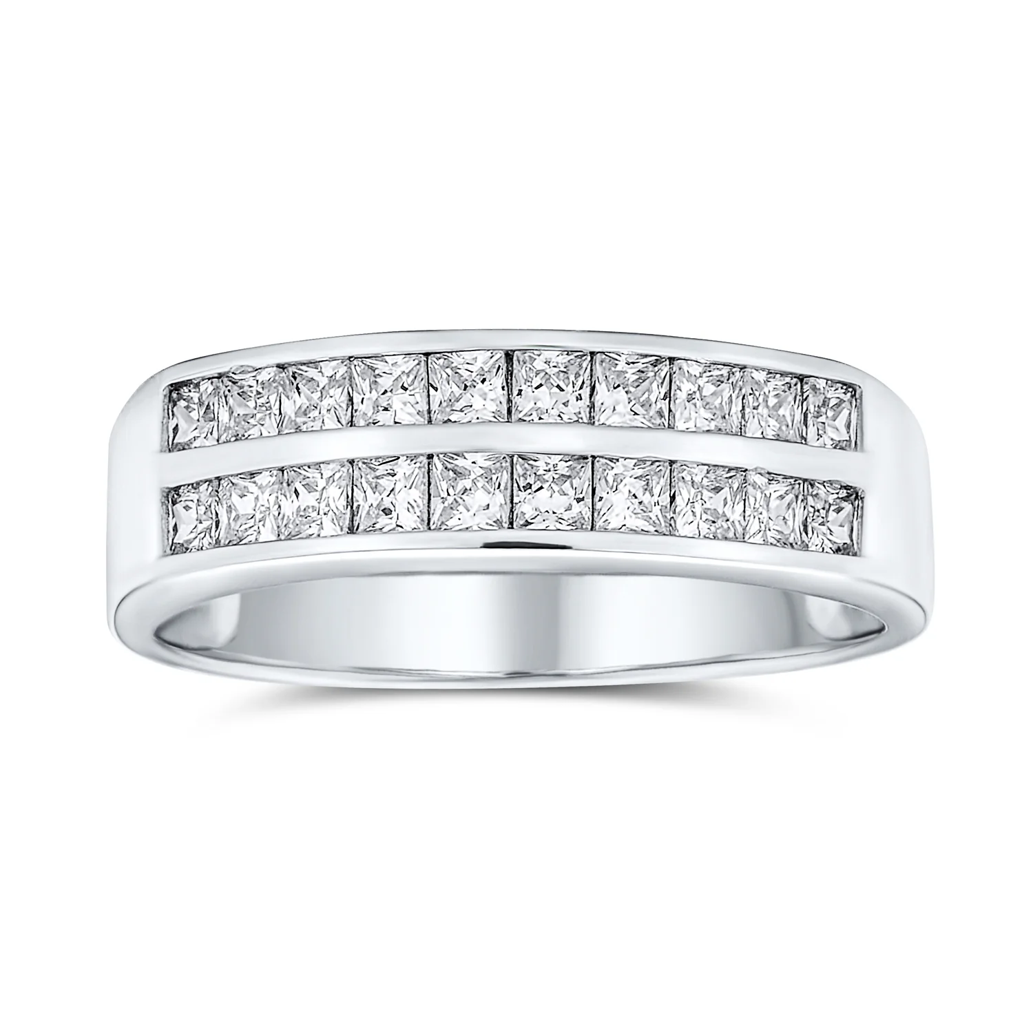 Two Row Channel Set Princess Cut CZ Anniversary Band Ring Sterling Silver