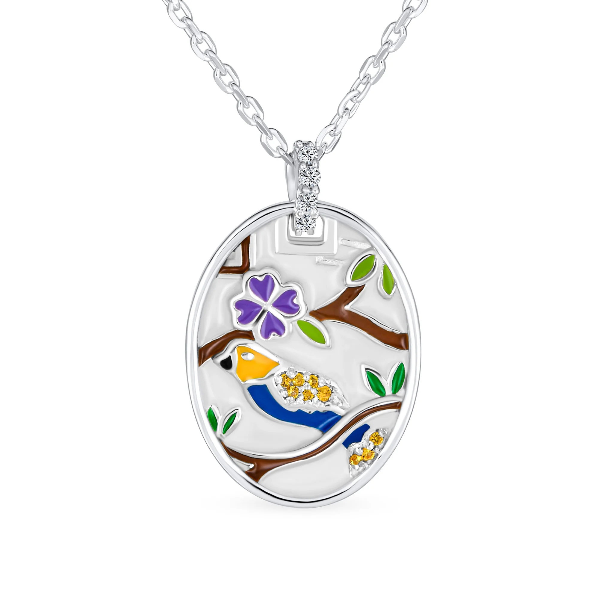 Oval Inlay Style Nature Bird Cameo Pendant Necklace .925 Sterling Silver