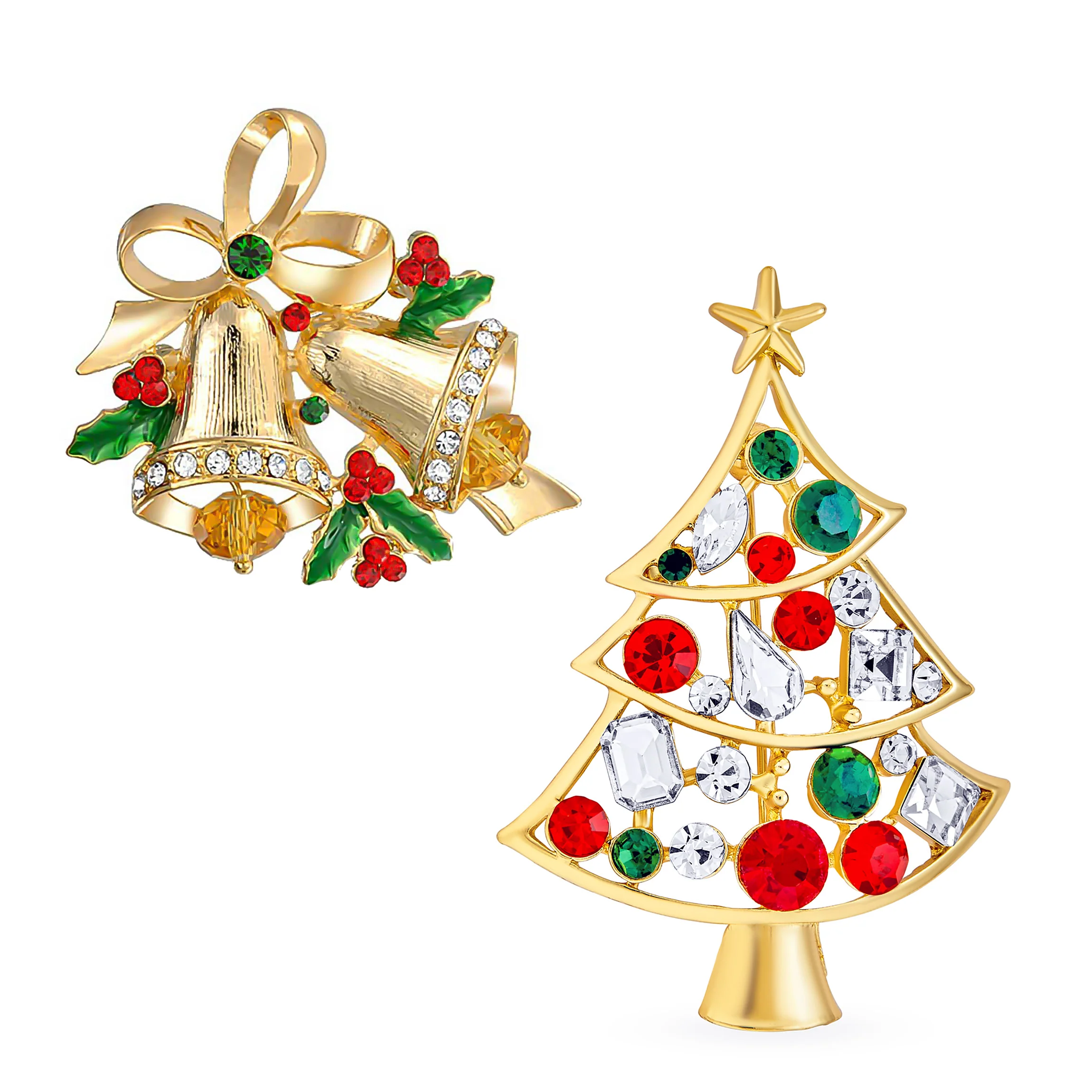 Set of 2 Large Colorful Crystal Christmas Tree and Bells Brooch Pin Gold Plated