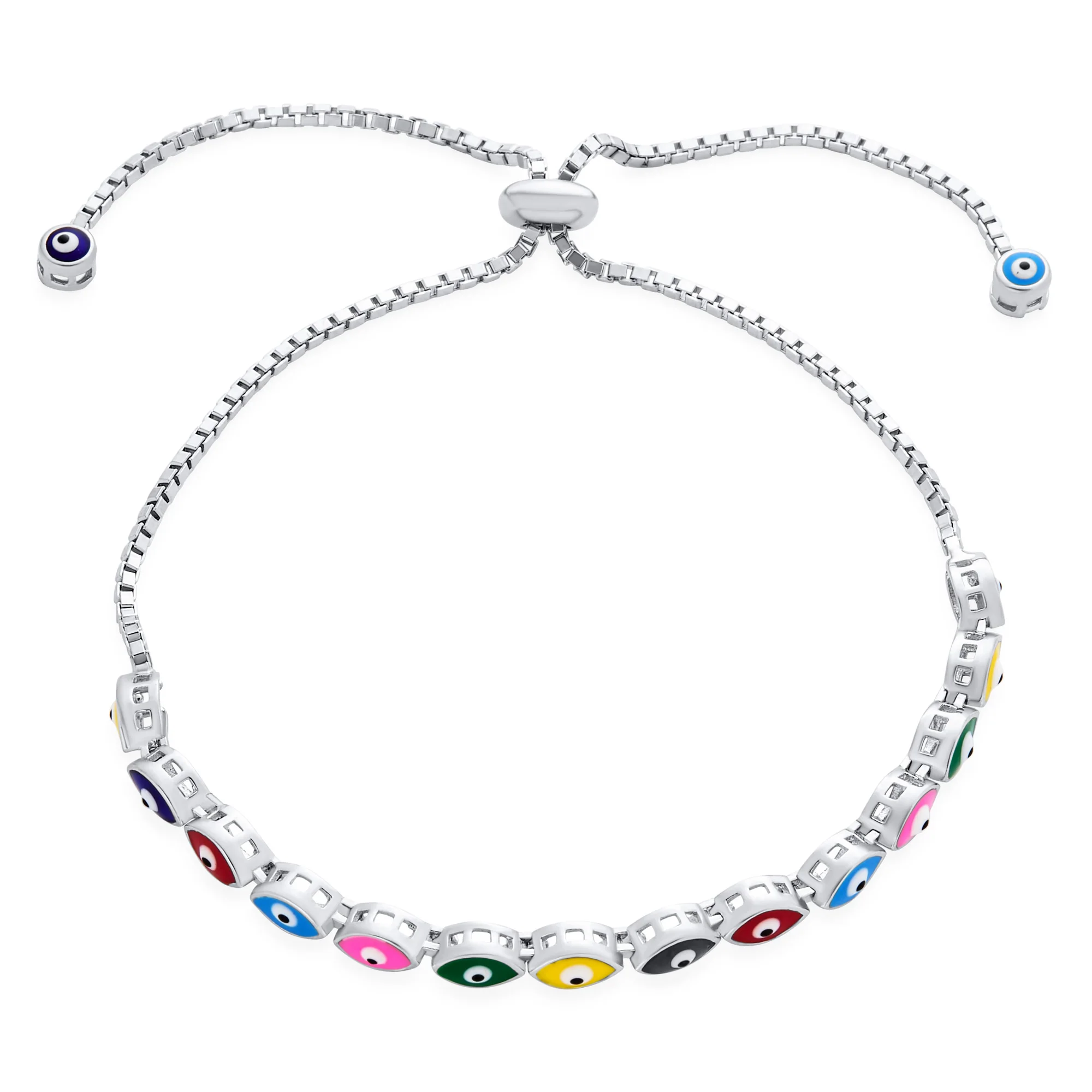Colorful Eye Shape Thin Blue Evil Eye Bolo Bracelet Sterling Silver - Image 4
