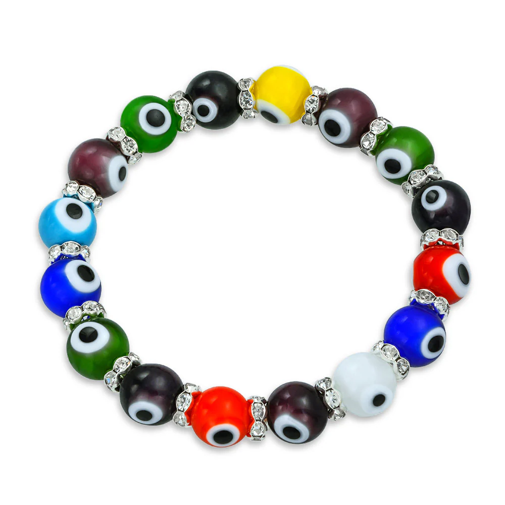 Colorful Turkish Glass Bead Evil Eye Stretch Bracelet with Crystal Spacers - Image 11