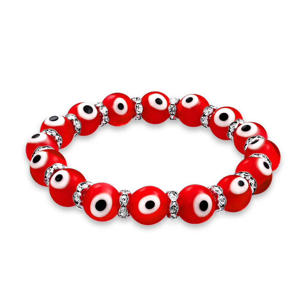 Colorful Turkish Glass Bead Evil Eye Stretch Bracelet with Crystal Spacers - Image 2