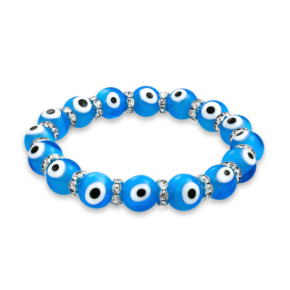 Colorful Turkish Glass Bead Evil Eye Stretch Bracelet with Crystal Spacers - Image 3
