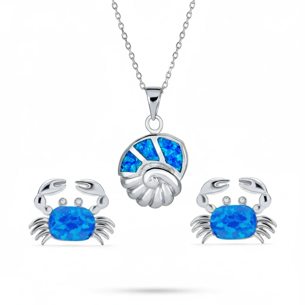 Created Blue Opal Conch Necklace & Crab Stud Earring Jewelry Set Sterling Silver