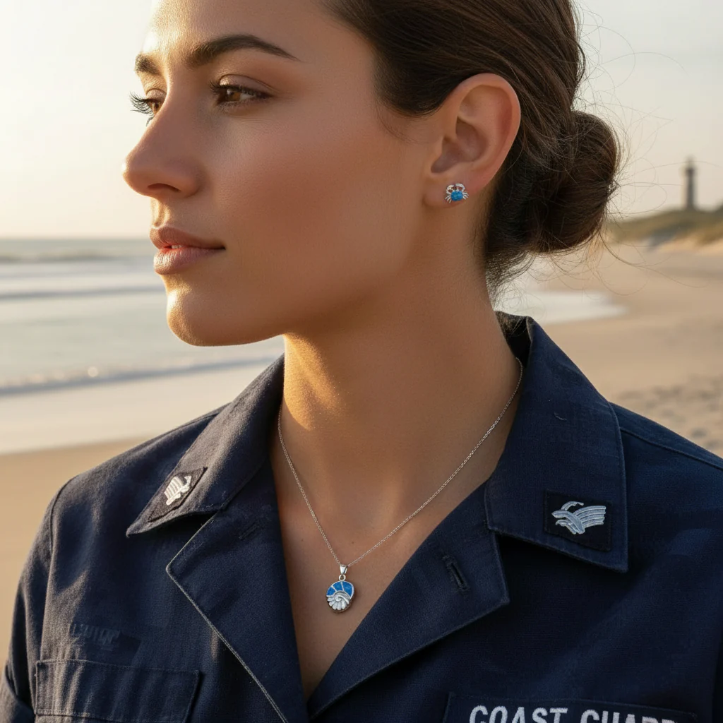 Created Blue Opal Conch Necklace & Crab Stud Earring Jewelry Set Sterling Silver - Image 2