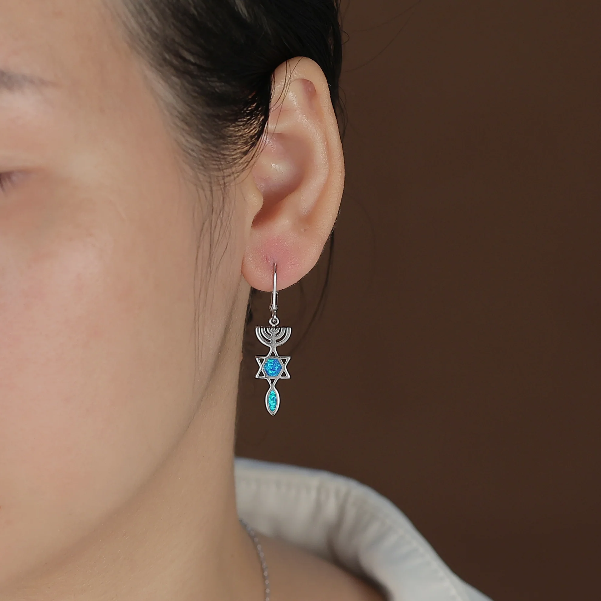 Created Blue Opal Judaica Menorah Star Of David Dangle Earrings Sterling Silver - Image 3