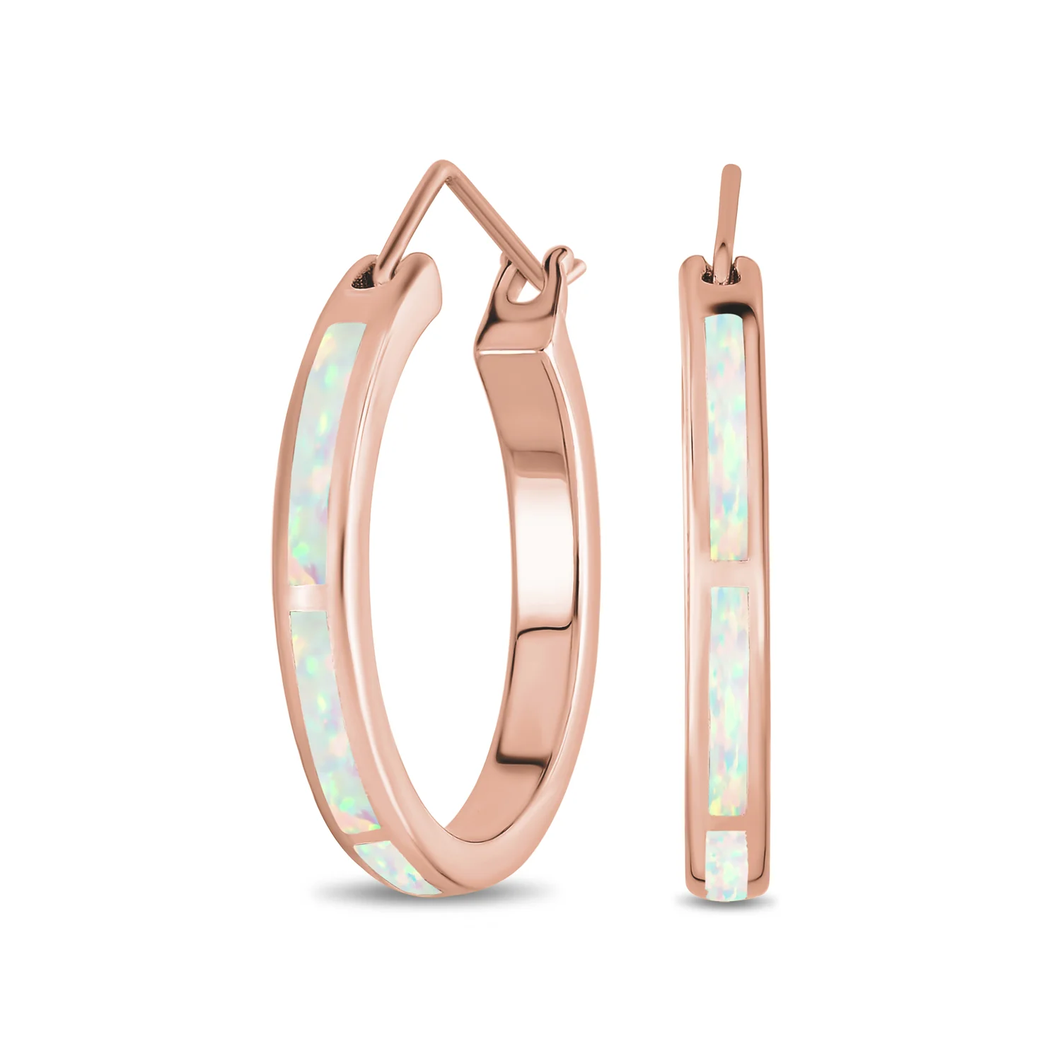 Created White Blue Opal Inlay Hoop Huggie Earrings Rose Sterling Silver - Image 2