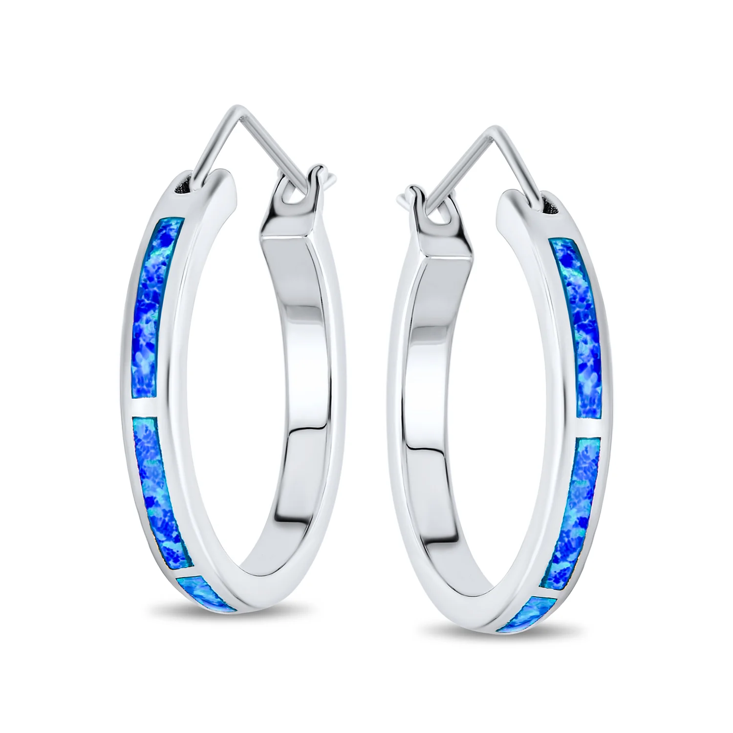 Created White Blue Opal Inlay Hoop Huggie Earrings Rose Sterling Silver - Image 3