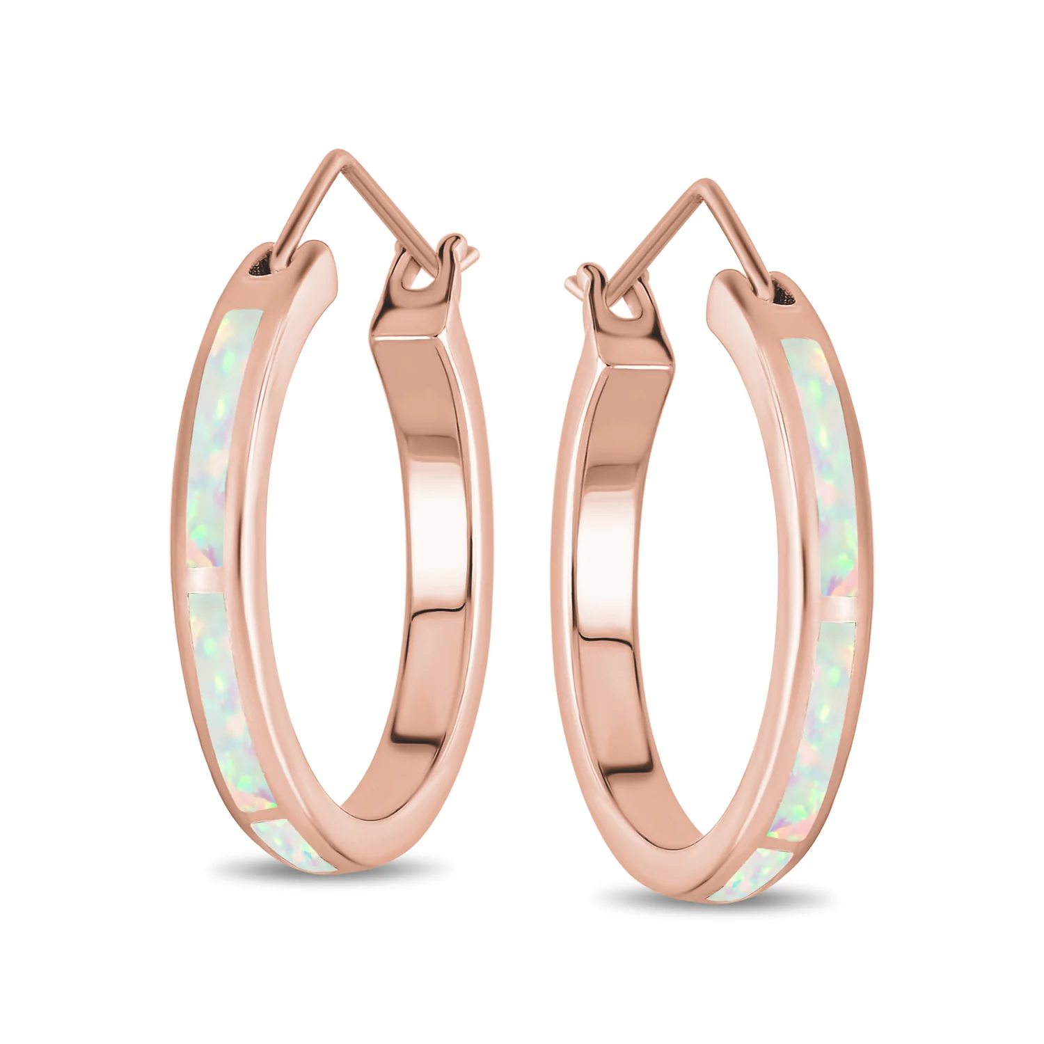 Created White Blue Opal Inlay Hoop Huggie Earrings Rose Sterling Silver - Image 4