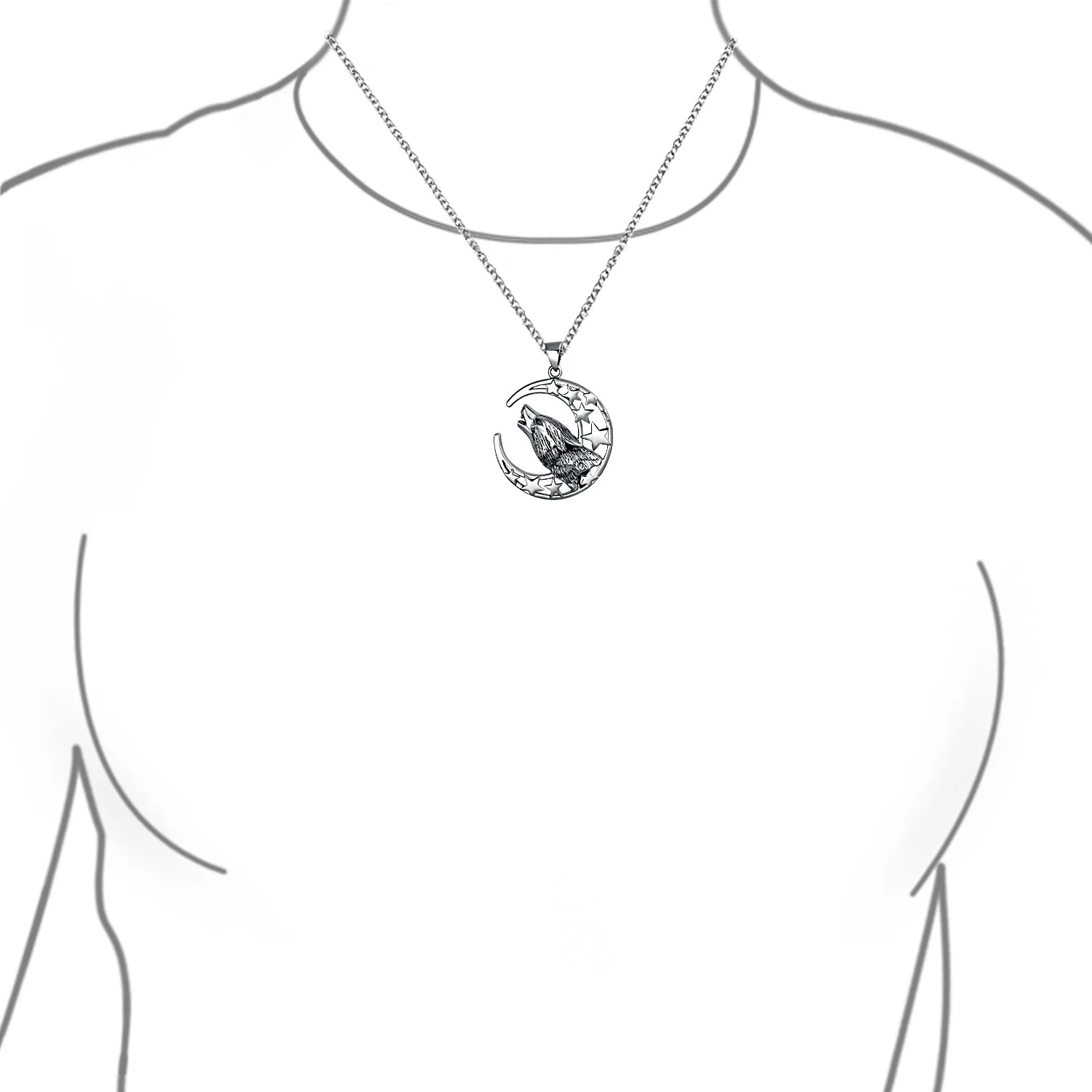 Crescent Moon & Stars Pendant Necklace Werewolf Howling Wolf Oxidized Silver - Image 2