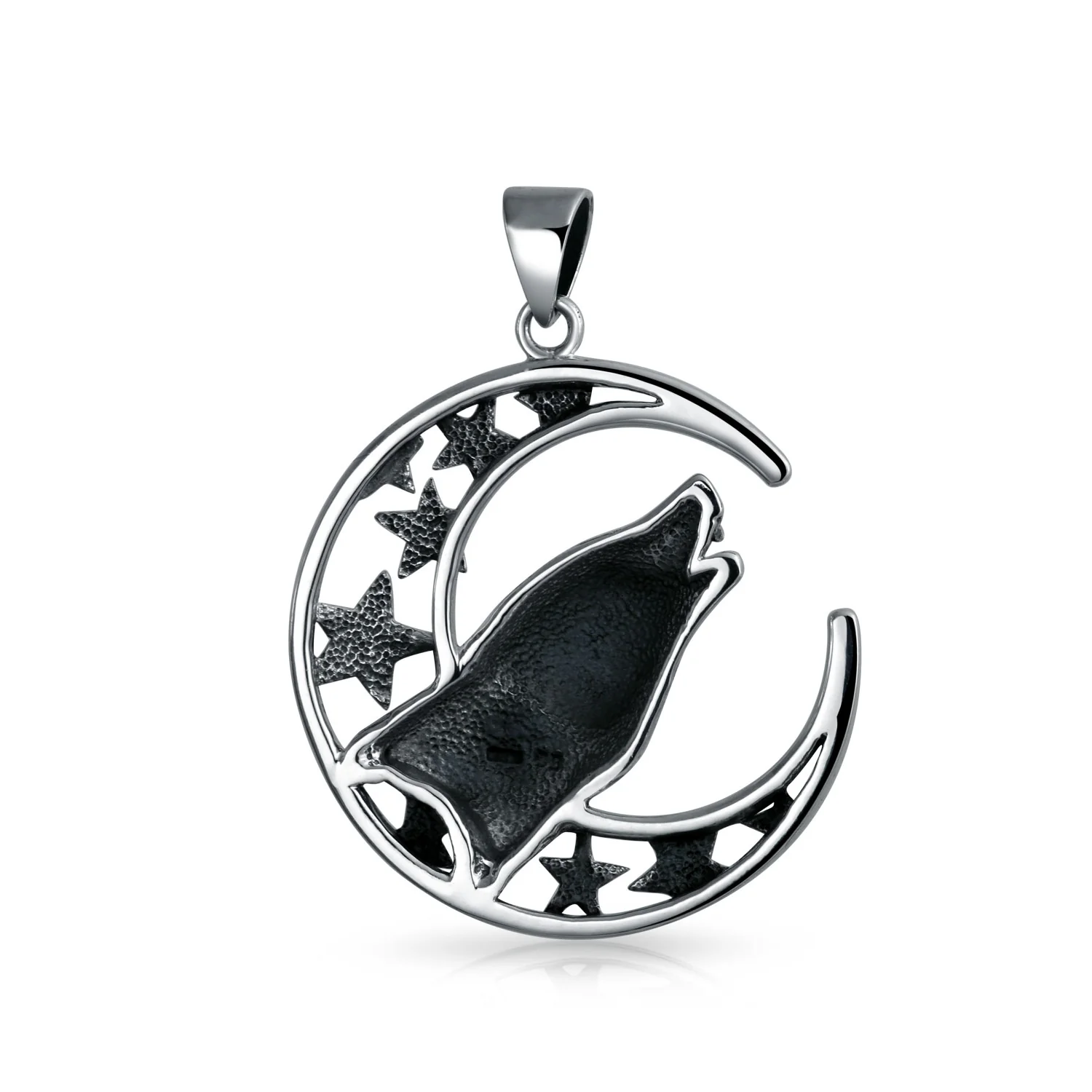 Crescent Moon & Stars Pendant Necklace Werewolf Howling Wolf Oxidized Silver - Image 3