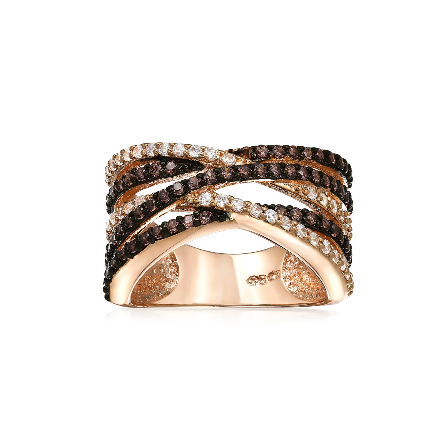 Crossover Statement Ring Two Tone Brown Black Pave CZ Rose Silver Plated Band - Image 13