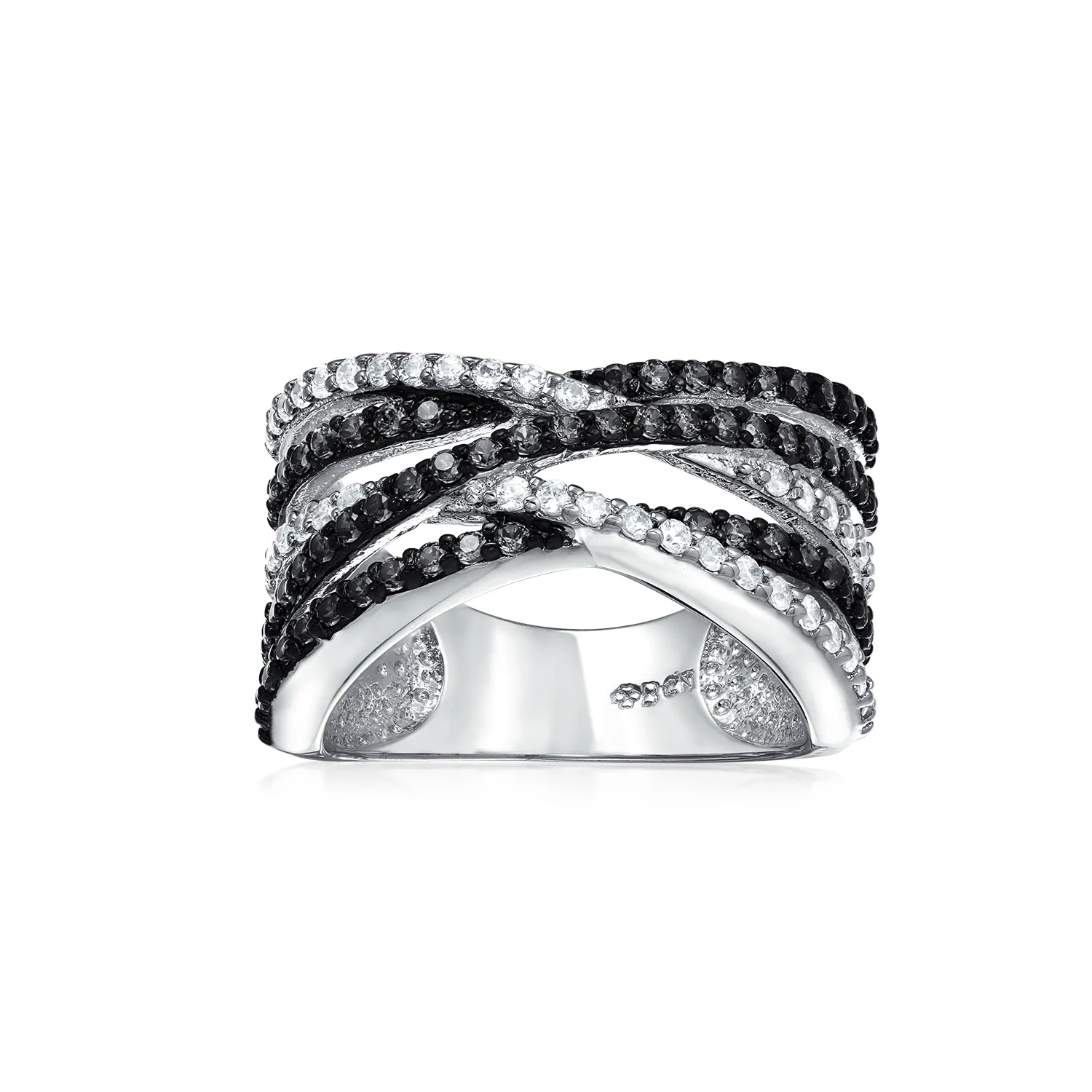 Crossover Statement Ring Two Tone Brown Black Pave CZ Rose Silver Plated Band - Image 14