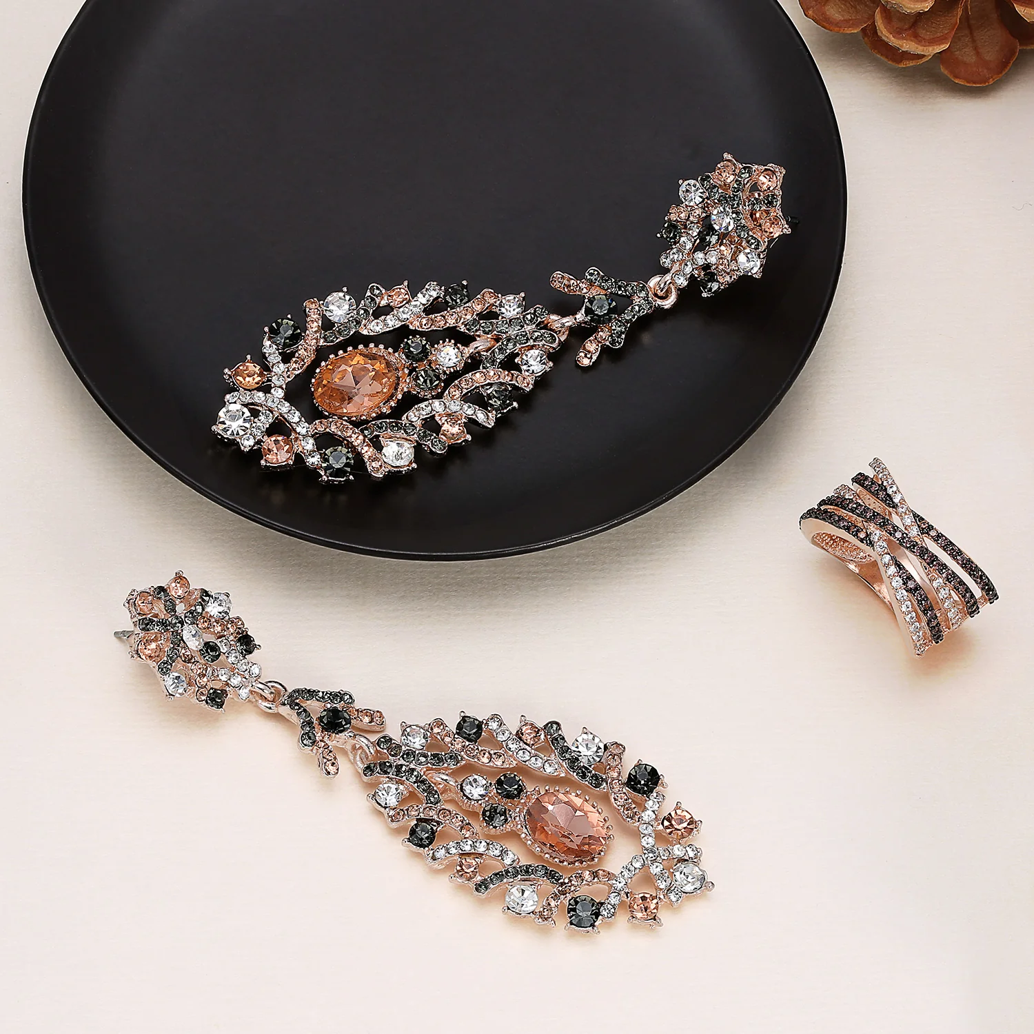 Crossover Statement Ring Two Tone Brown Black Pave CZ Rose Silver Plated Band - Image 17