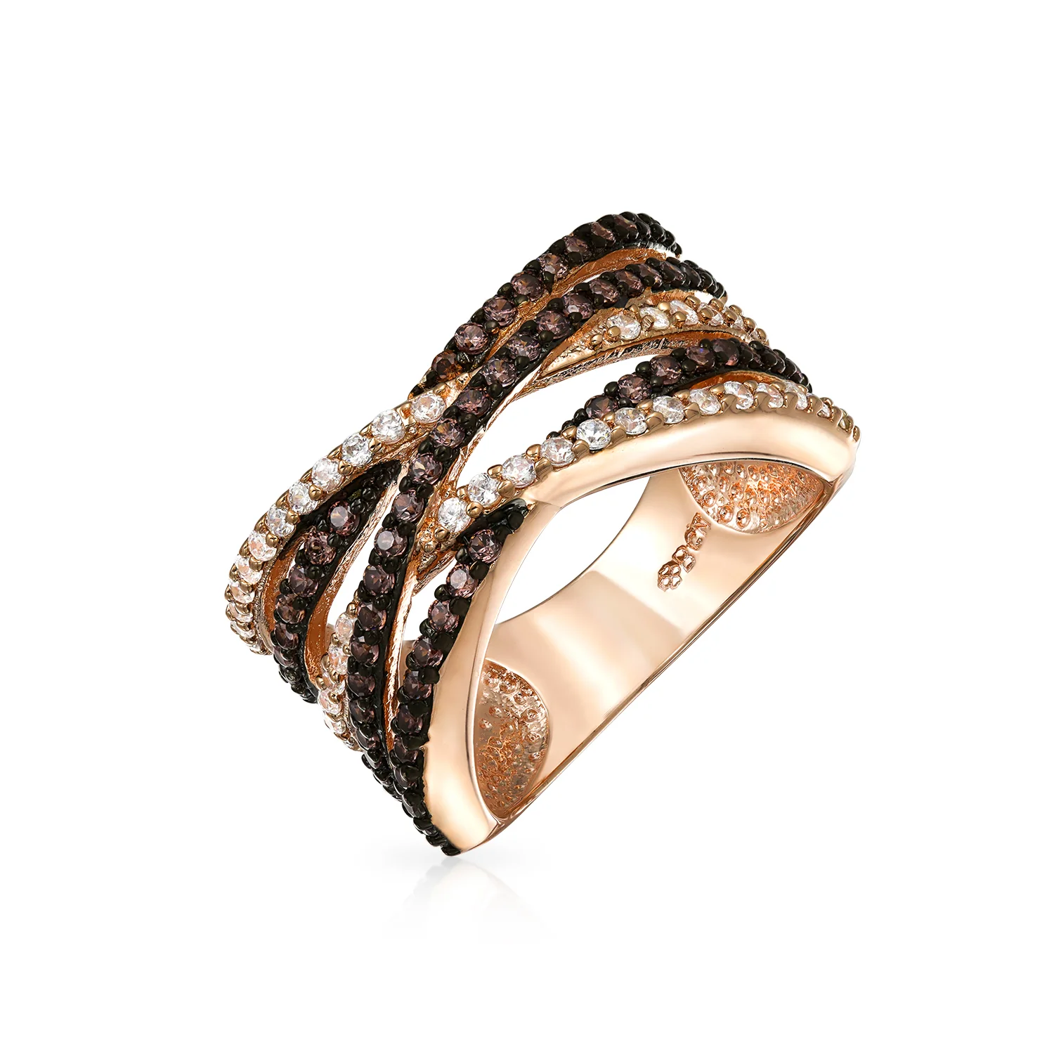Crossover Statement Ring Two Tone Brown Black Pave CZ Rose Silver Plated Band - Image 4