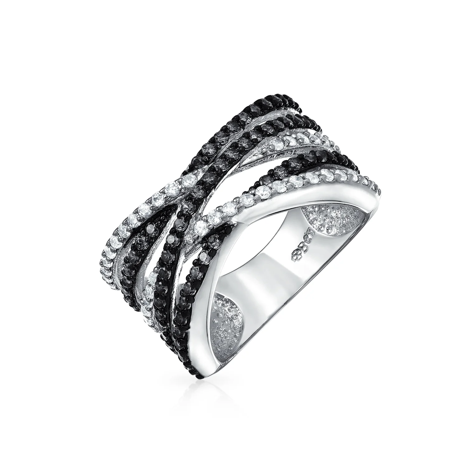 Crossover Statement Ring Two Tone Brown Black Pave CZ Rose Silver Plated Band - Image 7