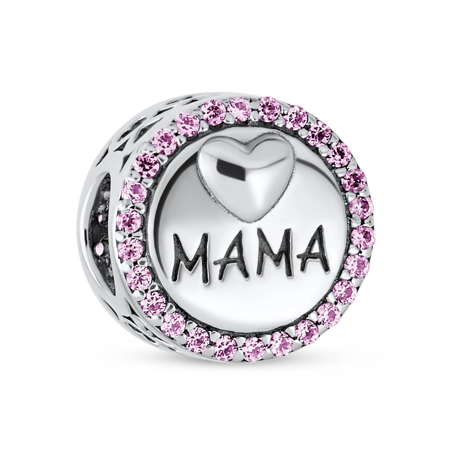 Round Pink Crystal Bead Charm MAMA Heart for Wife Sterling Silver Fits Bracelet
