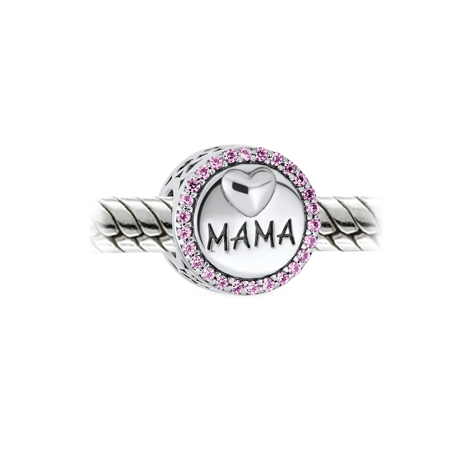 Round Pink Crystal Bead Charm MAMA Heart for Wife Sterling Silver Fits Bracelet - Image 2