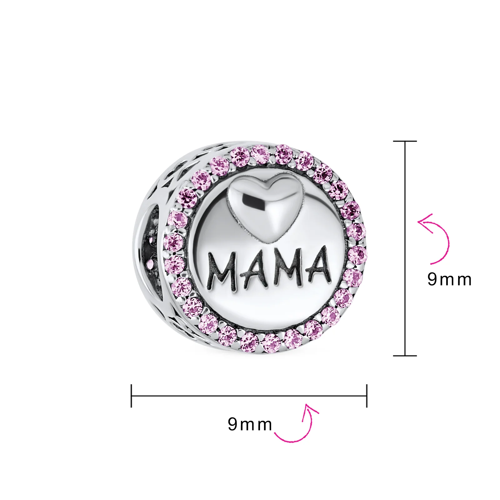 Round Pink Crystal Bead Charm MAMA Heart for Wife Sterling Silver Fits Bracelet - Image 3