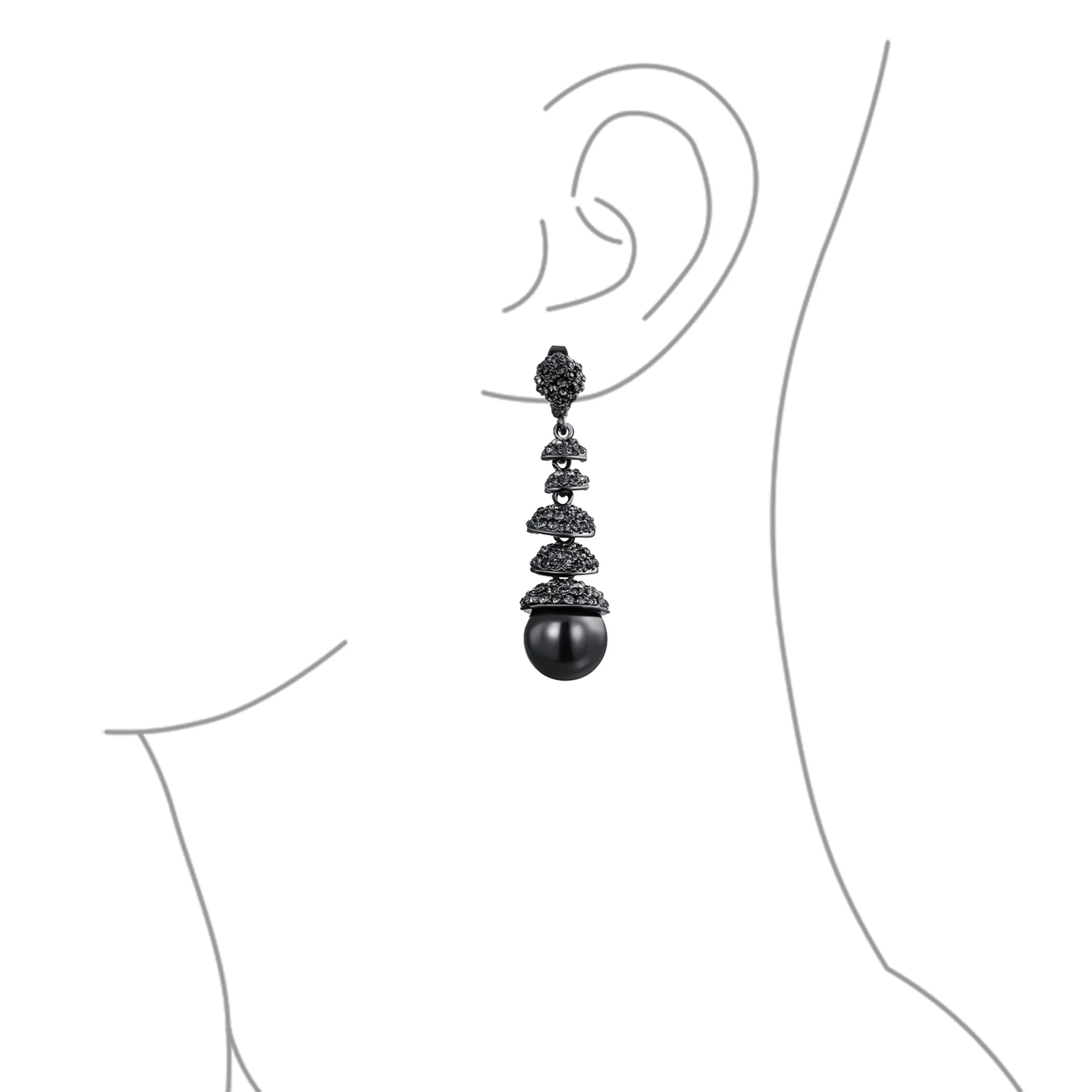 Fashion Black Crystal Ball & Pearl Linear Dangling Long Chandelier Earrings - Image 4