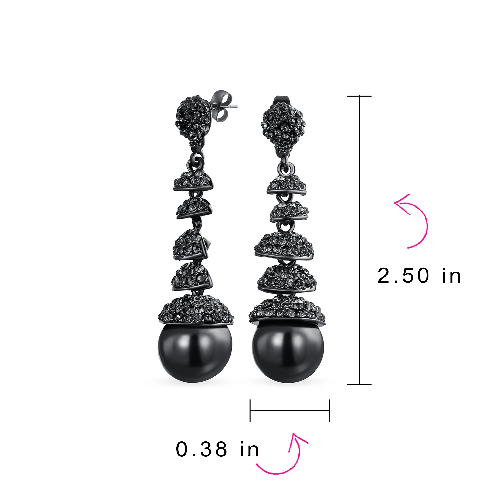 Fashion Black Crystal Ball & Pearl Linear Dangling Long Chandelier Earrings - Image 5