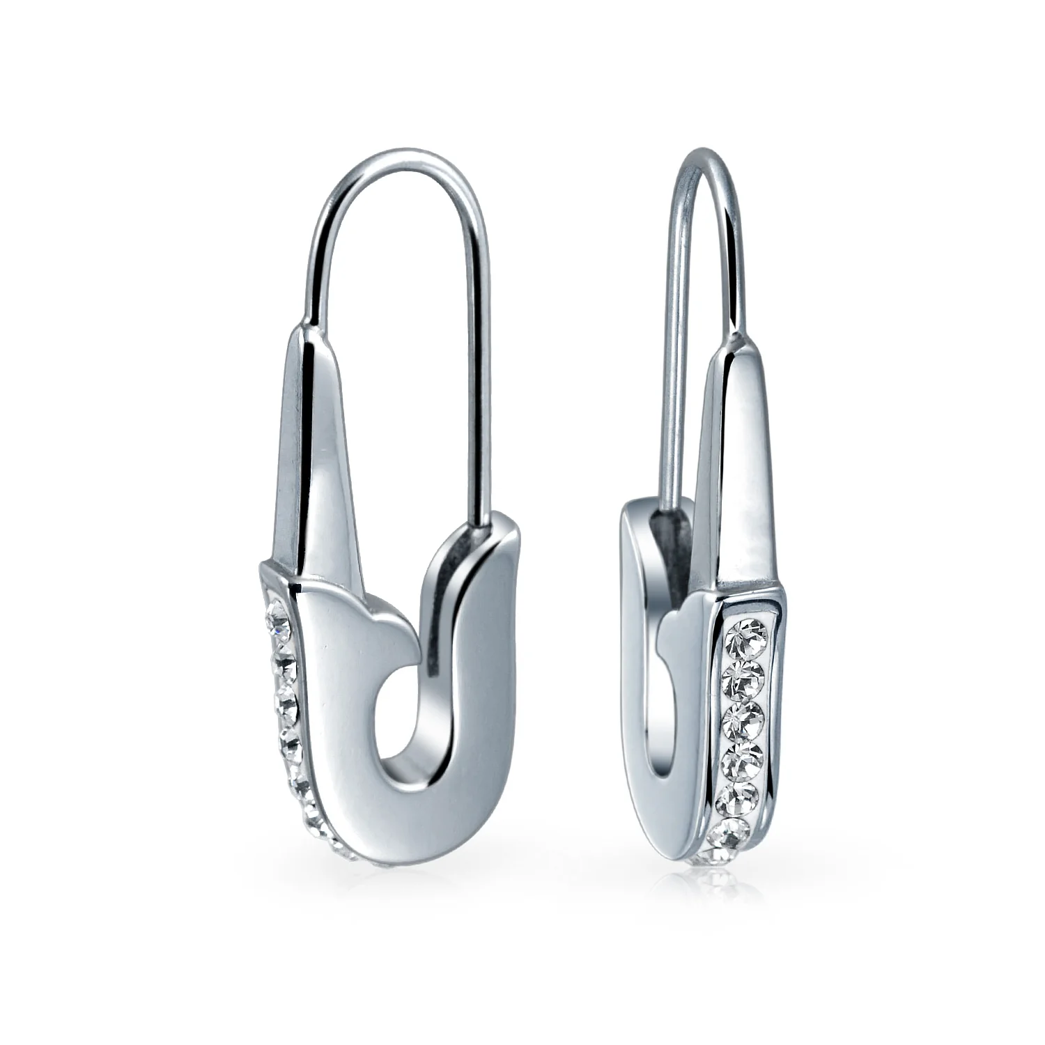 Safety Pin Threader Earrings Crystal Accent Silver Tone Surgical Steel