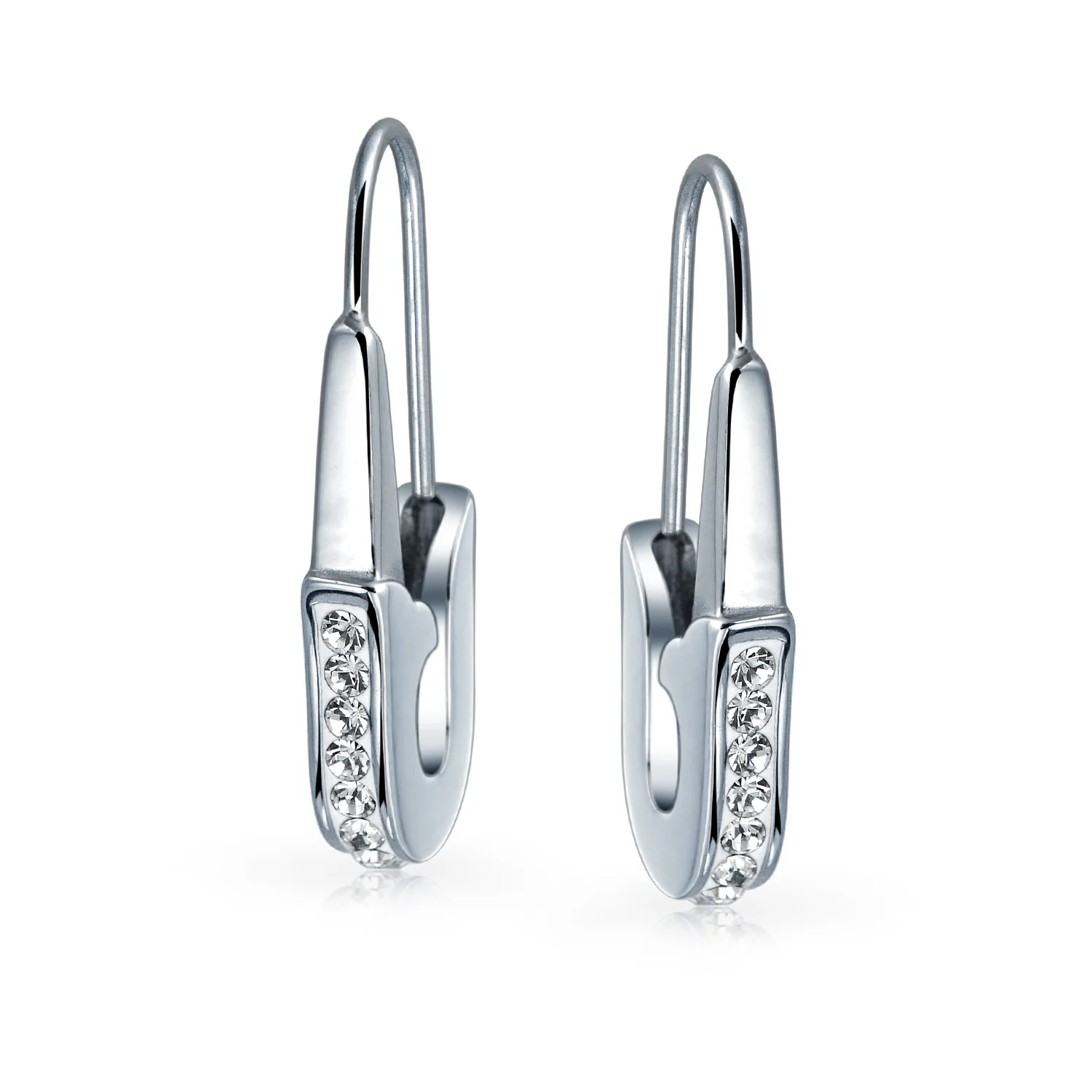 Safety Pin Threader Earrings Crystal Accent Silver Tone Surgical Steel - Image 2