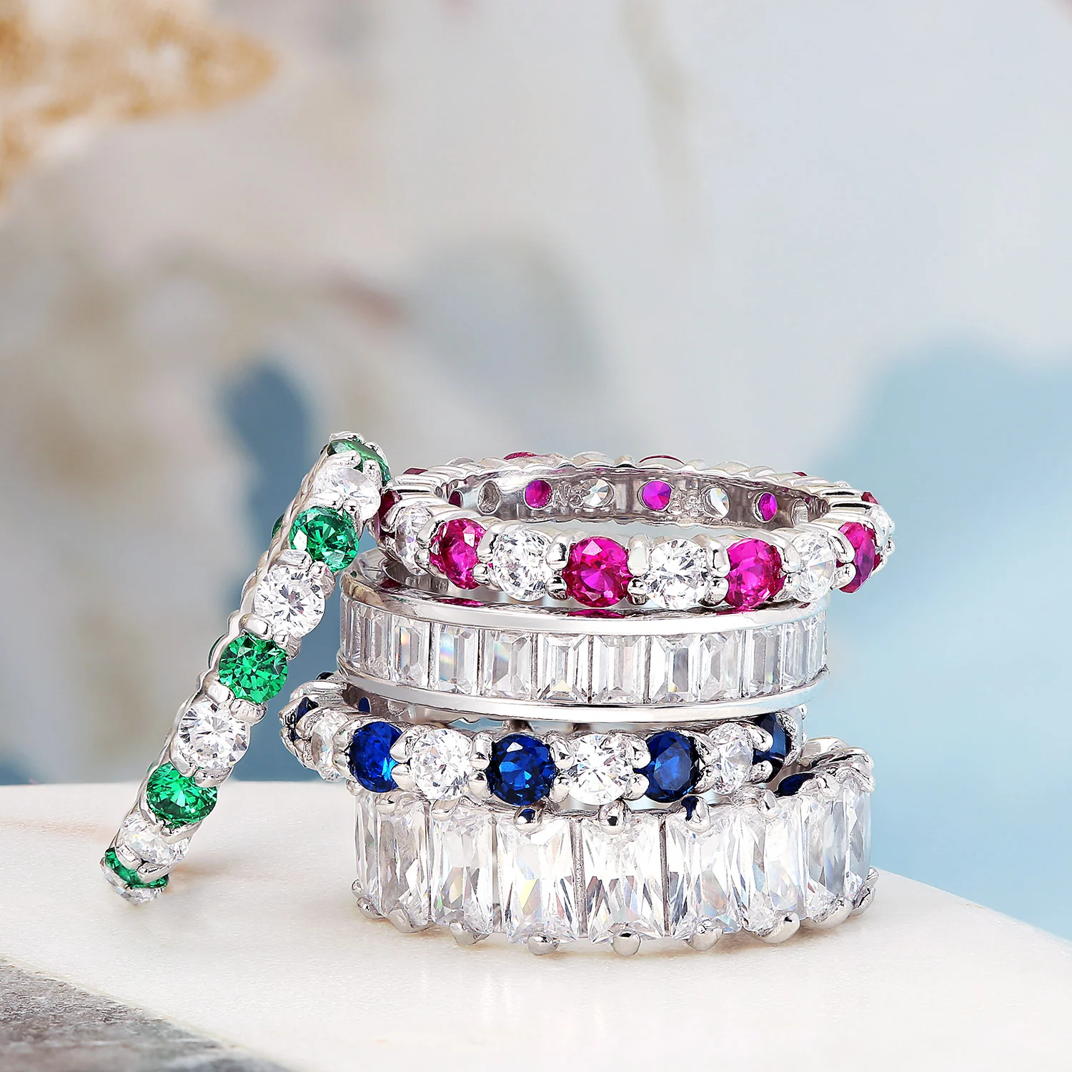 Cubic Zirconia Cocktail Statement Ring: Emerald Cut Baguette CZ Eternity Band - Image 19