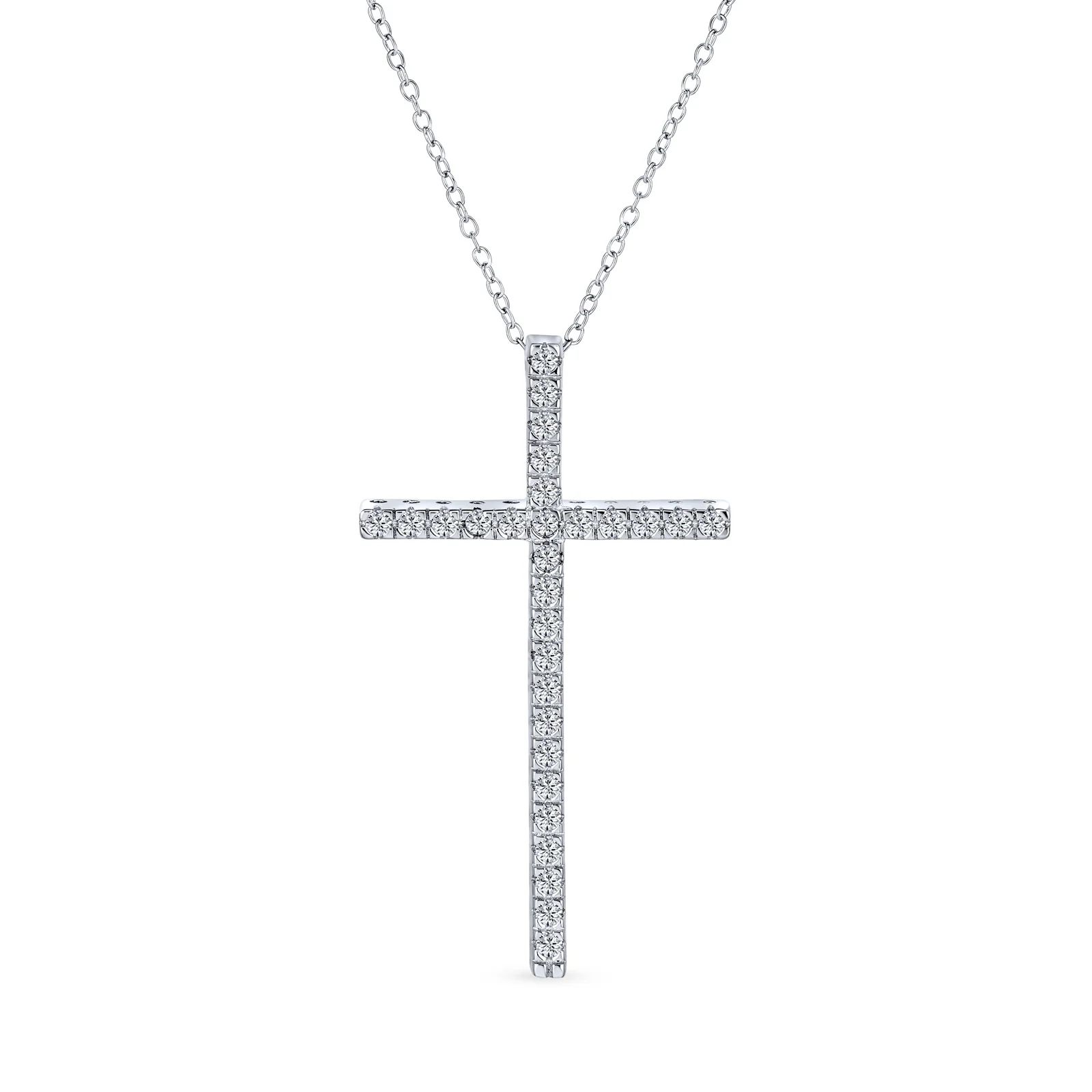 Elongated Cubic Zirconia CZ Religious Cross Pendant Necklace Sterling Silver