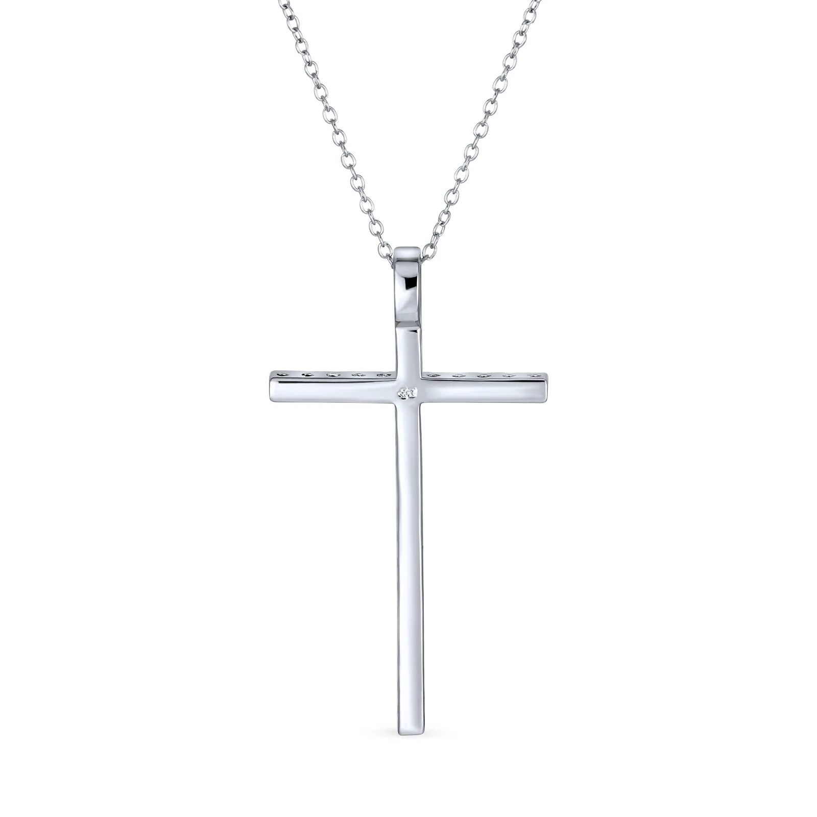 Elongated Cubic Zirconia CZ Religious Cross Pendant Necklace Sterling Silver - Image 2