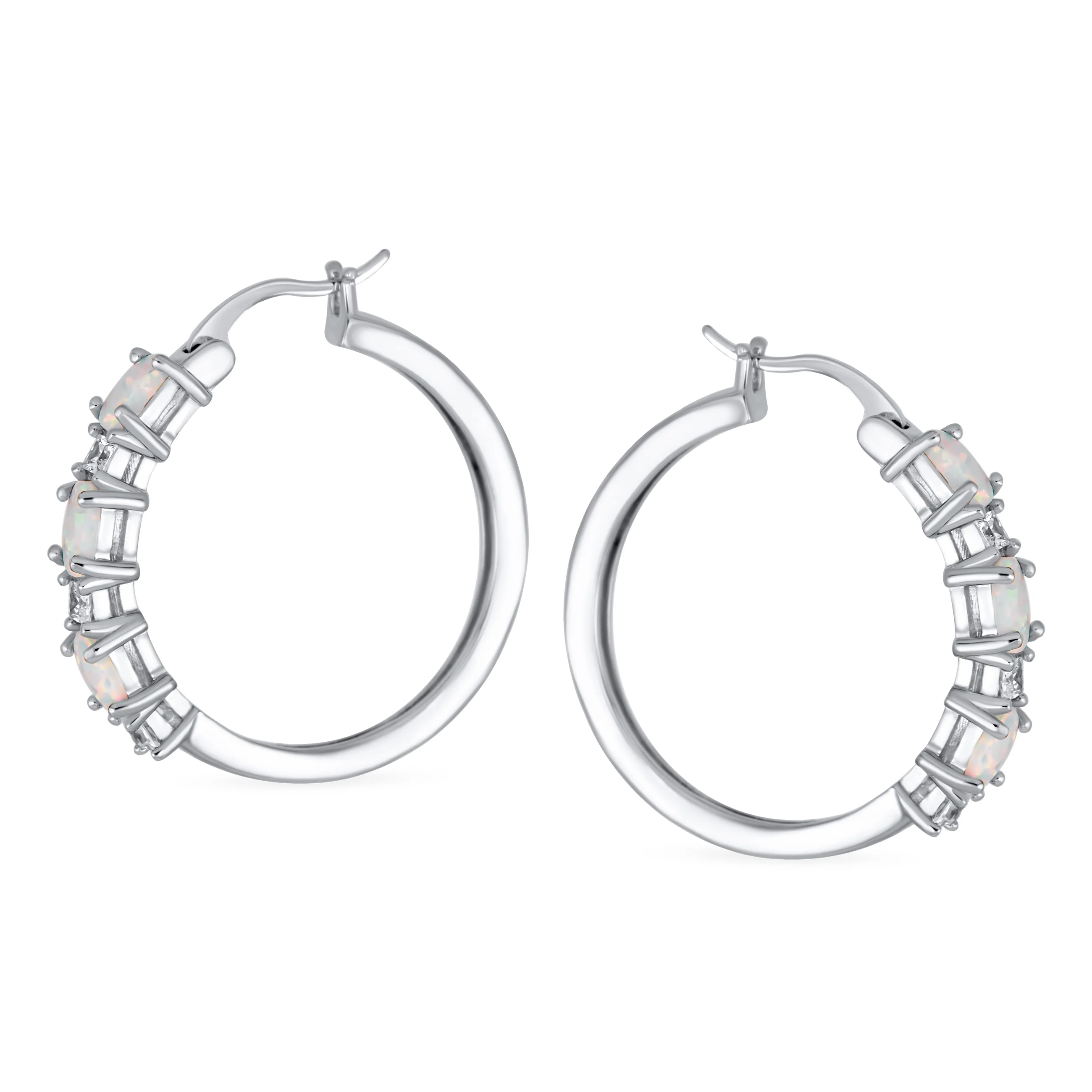 Cubic Zirconia Hoop Huggie Earrings with White Opal Sterling Silver 1 Inch - Image 2