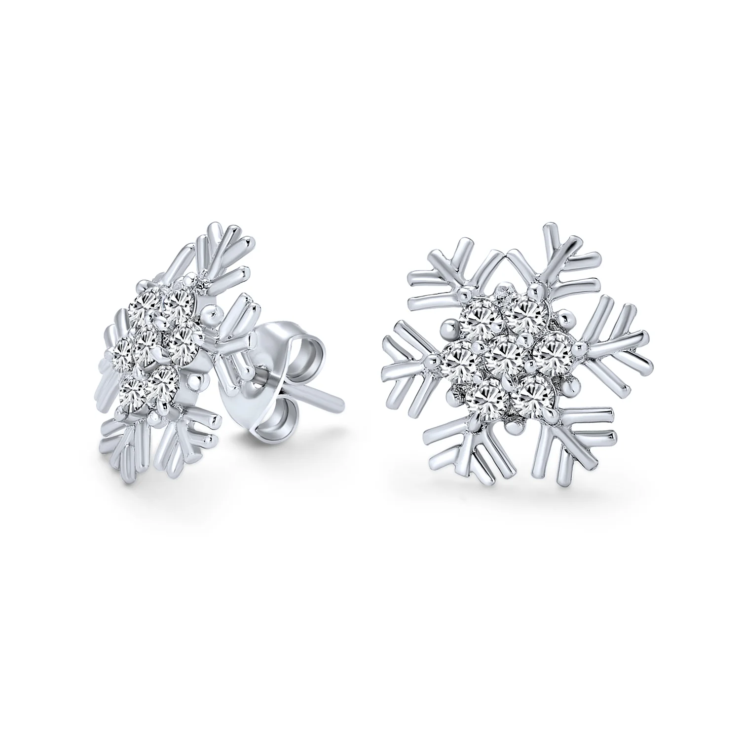 Cubic Zirconia Snowflake CZ Stud Earrings, Sterling Silver for Holiday Parties