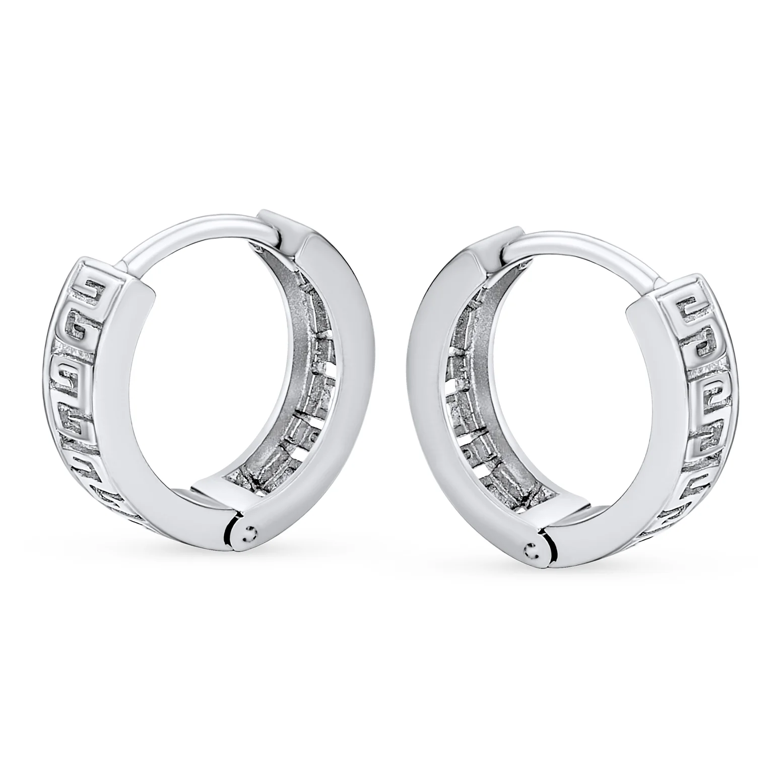 Cutout Greek Key Design Huggies Mioni Hoop Earrings Sterling Silver Hinged - Image 2