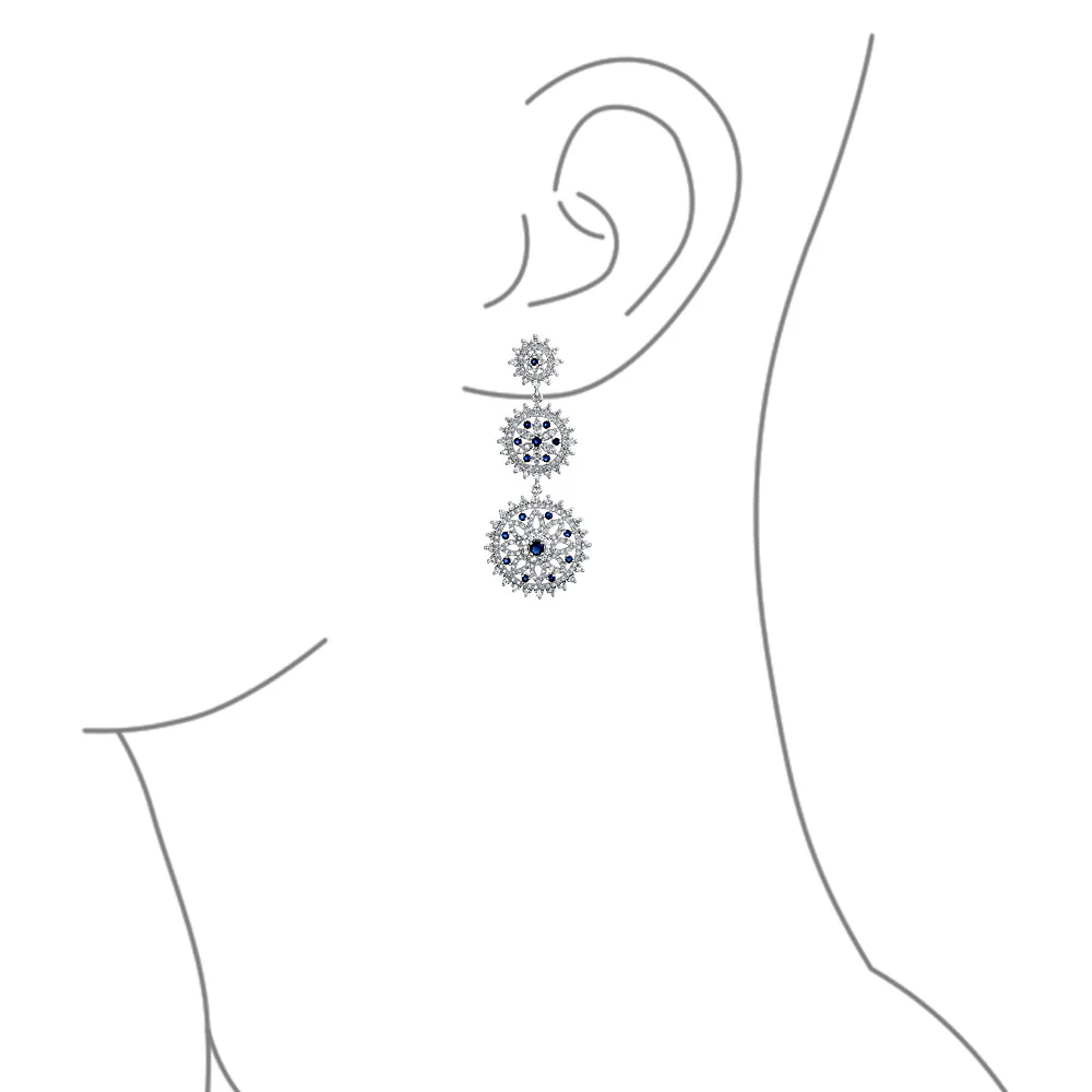 cocktail Fashion Statement Blue Sapphire CZ Triple Circle Medallion Statement Chandelier Earrings - Image 3