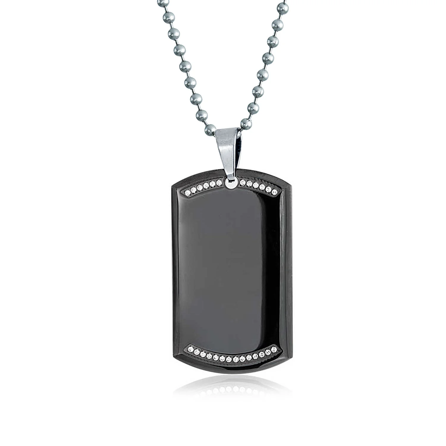 CZ Edge Black Dog Tag Pendant Necklace for Men Stainless Steel 24" Bead Chain