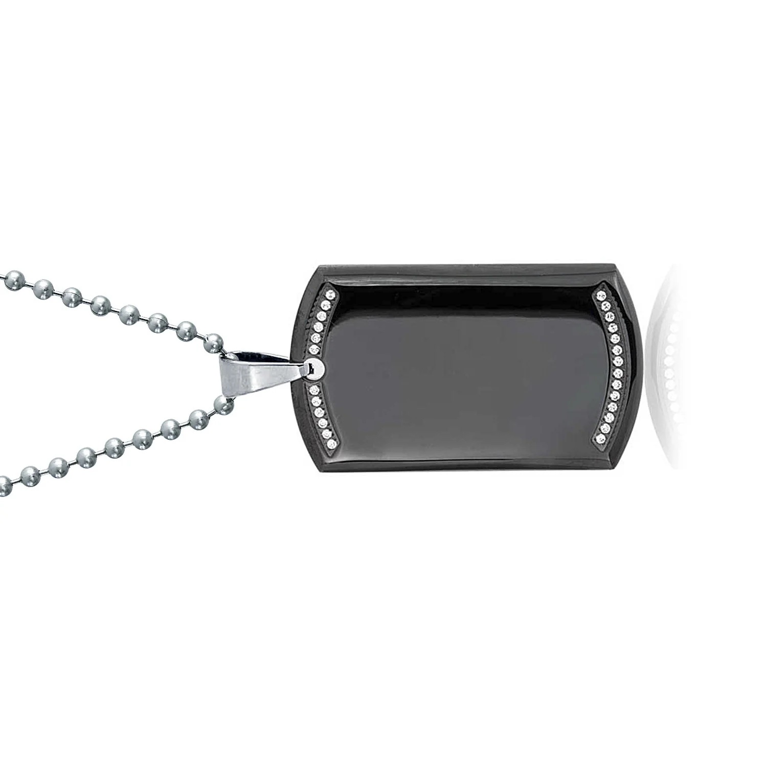 CZ Edge Black Dog Tag Pendant Necklace for Men Stainless Steel 24" Bead Chain - Image 2