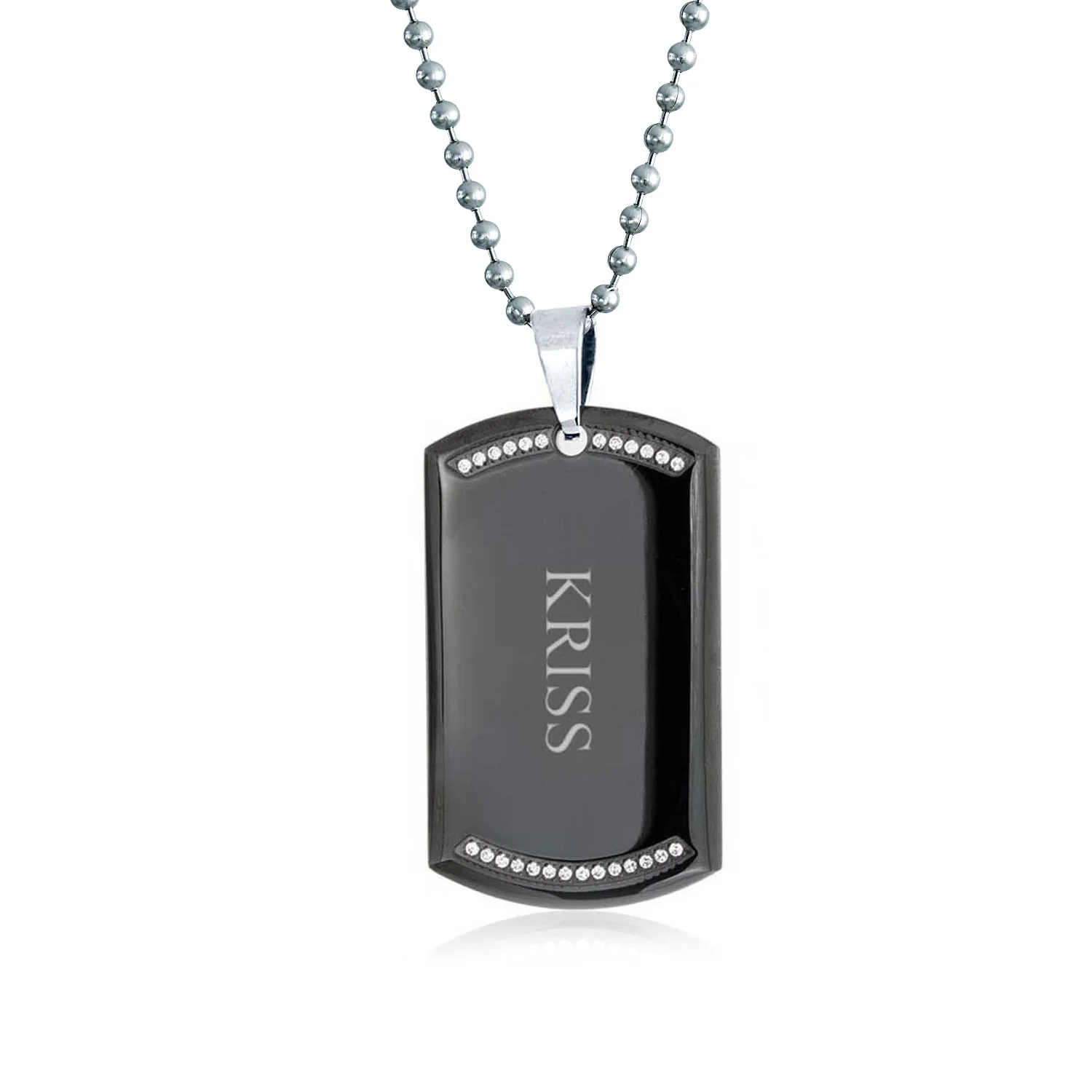 CZ Edge Black Dog Tag Pendant Necklace for Men Stainless Steel 24" Bead Chain - Image 3