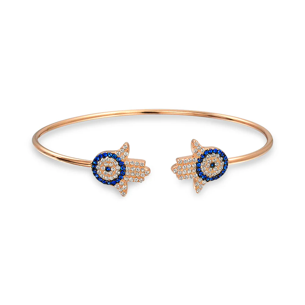 Hand Of God Hamsa Evil Eye Bangle Cuff Bracelet Cubic Zirconia CZ Rose Gold .925 Sterling Silver