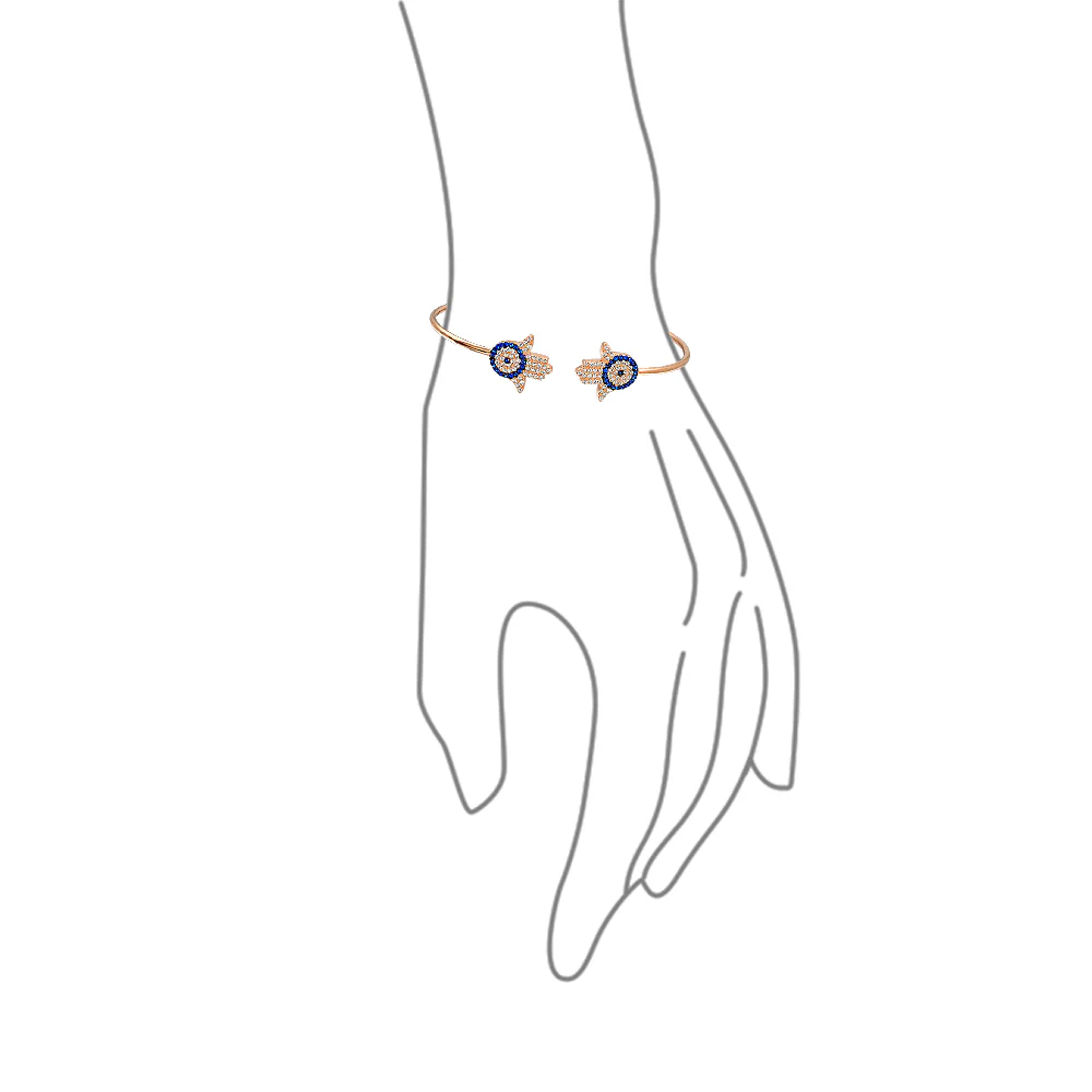 Hand Of God Hamsa Evil Eye Bangle Cuff Bracelet Cubic Zirconia CZ Rose Gold .925 Sterling Silver - Image 2