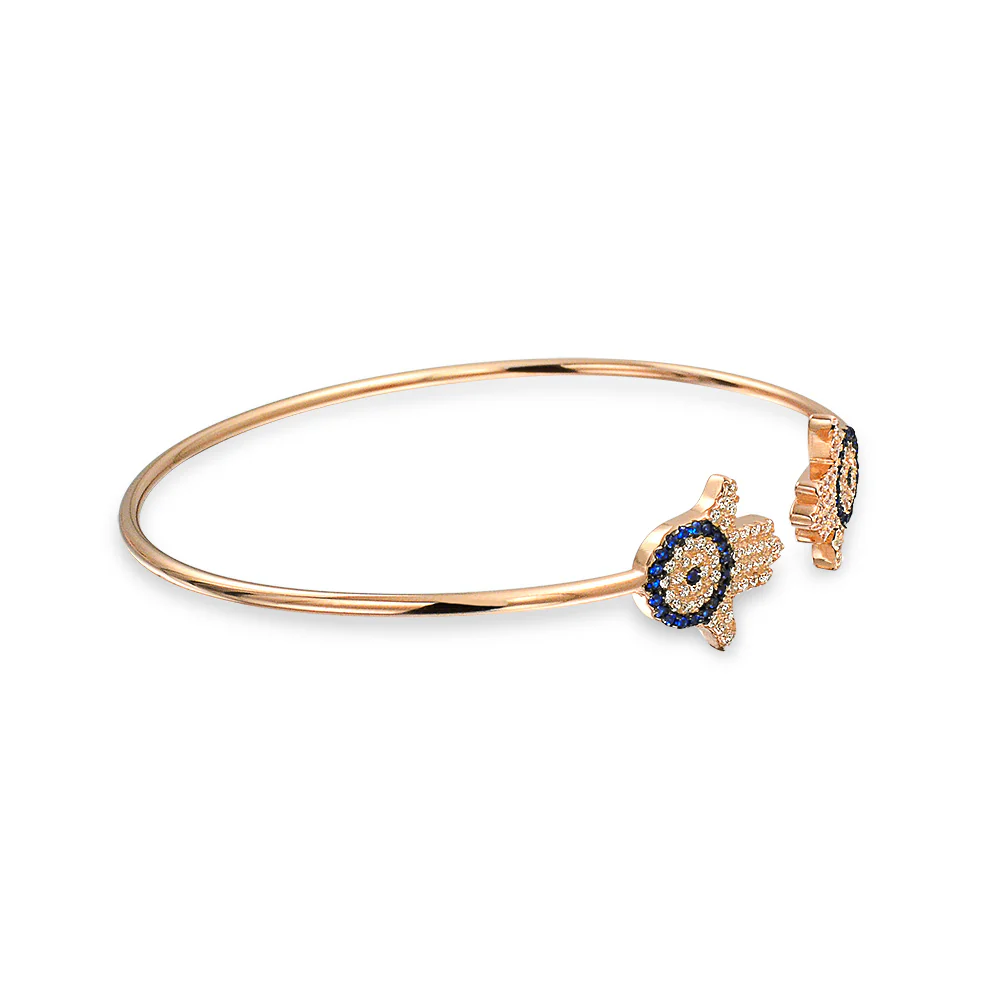 Hand Of God Hamsa Evil Eye Bangle Cuff Bracelet Cubic Zirconia CZ Rose Gold .925 Sterling Silver - Image 3