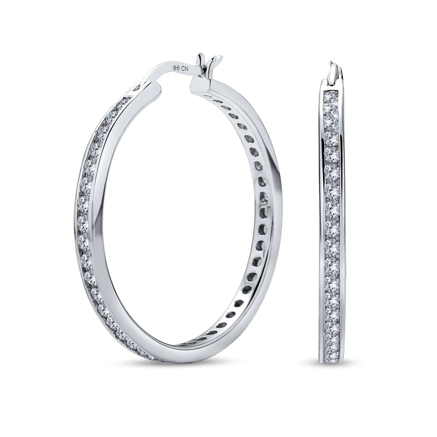 Black Cubic Zirconia Pave CZ Hoop Earrings Silver 1.5 Inch - Image 3