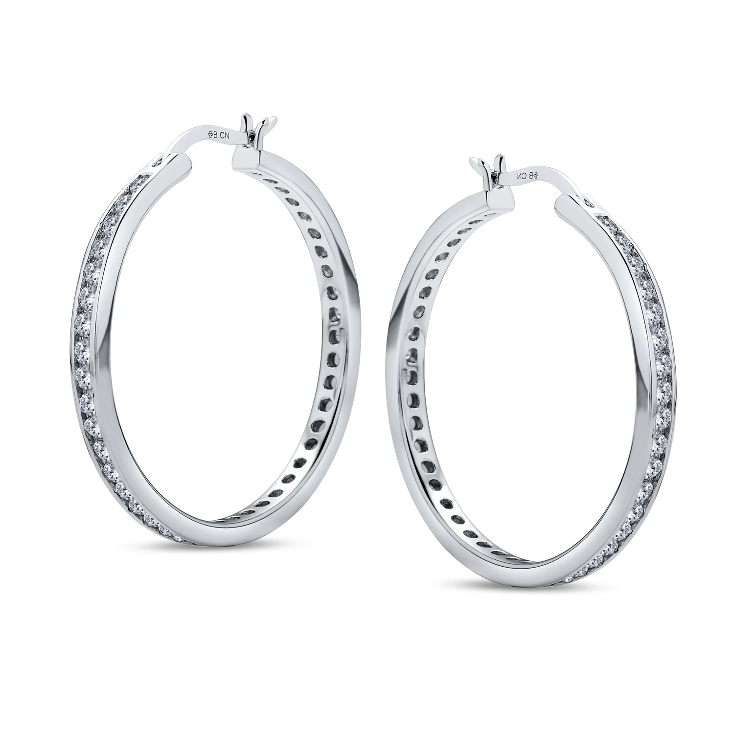 Black Cubic Zirconia Pave CZ Hoop Earrings Silver 1.5 Inch - Image 6