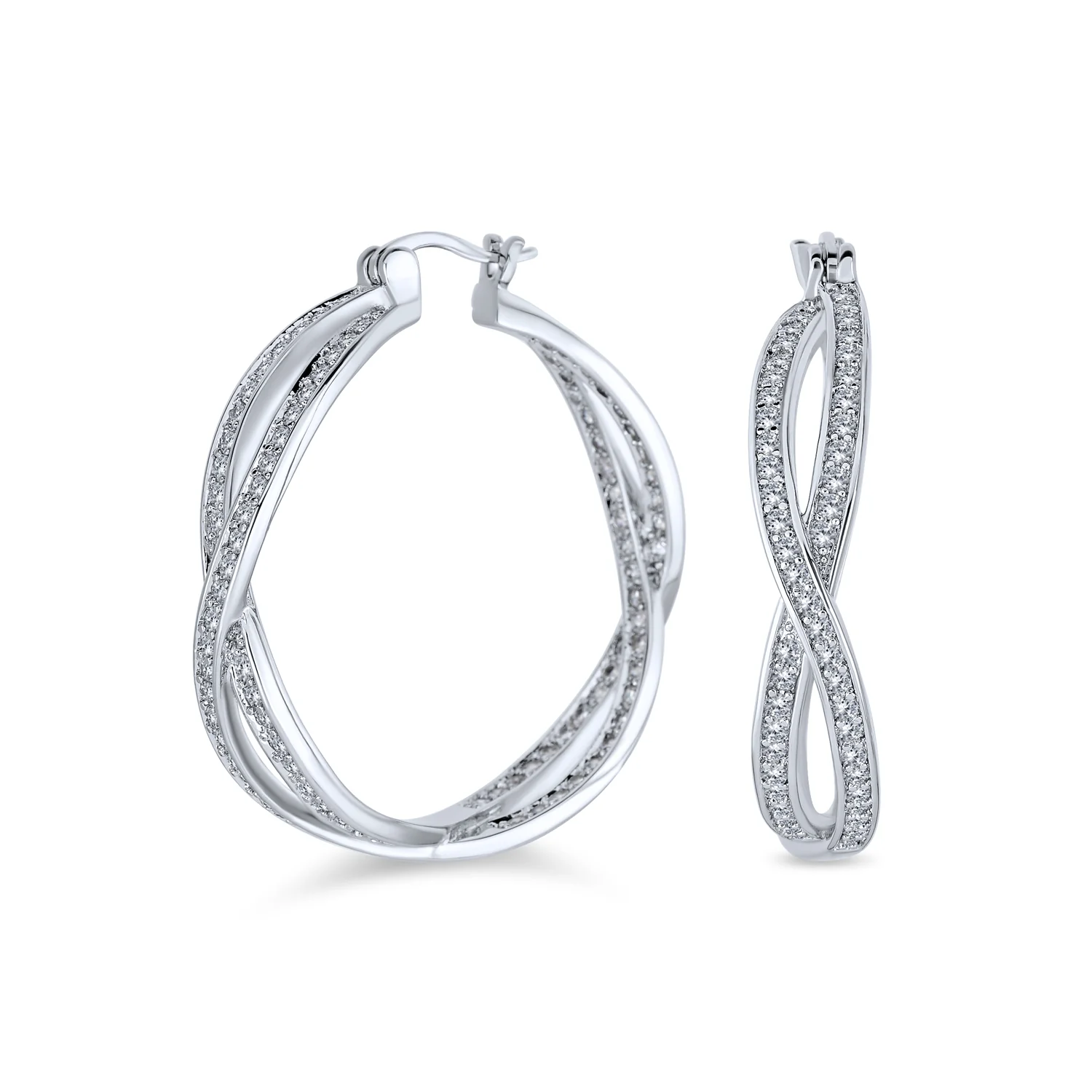 Cubic Zirconia Pave CZ Forever Love Knot Large Infinity Hoop Earrings 1.5 Diameter Silver