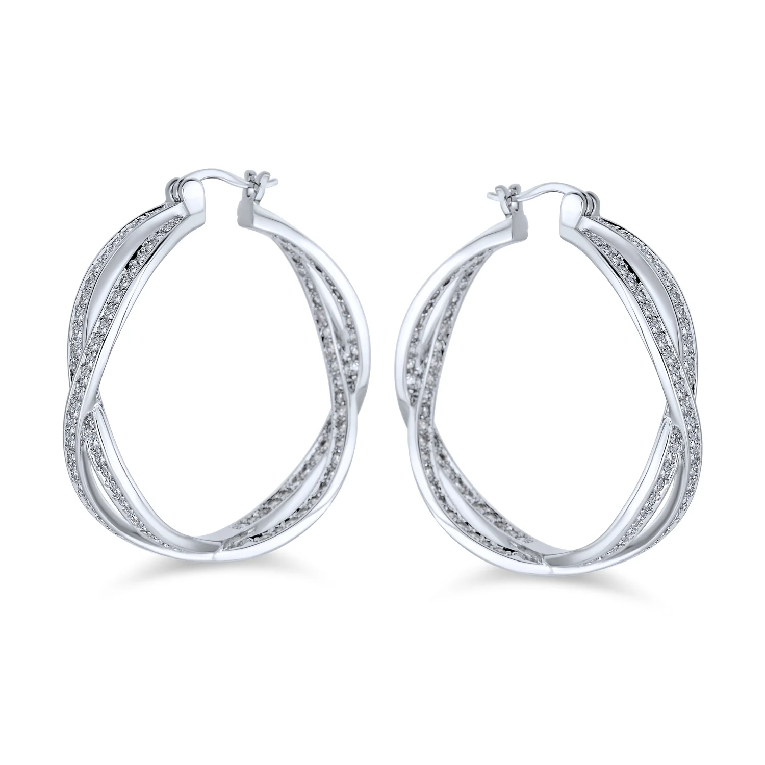 Cubic Zirconia Pave CZ Forever Love Knot Large Infinity Hoop Earrings 1.5 Diameter Silver - Image 2